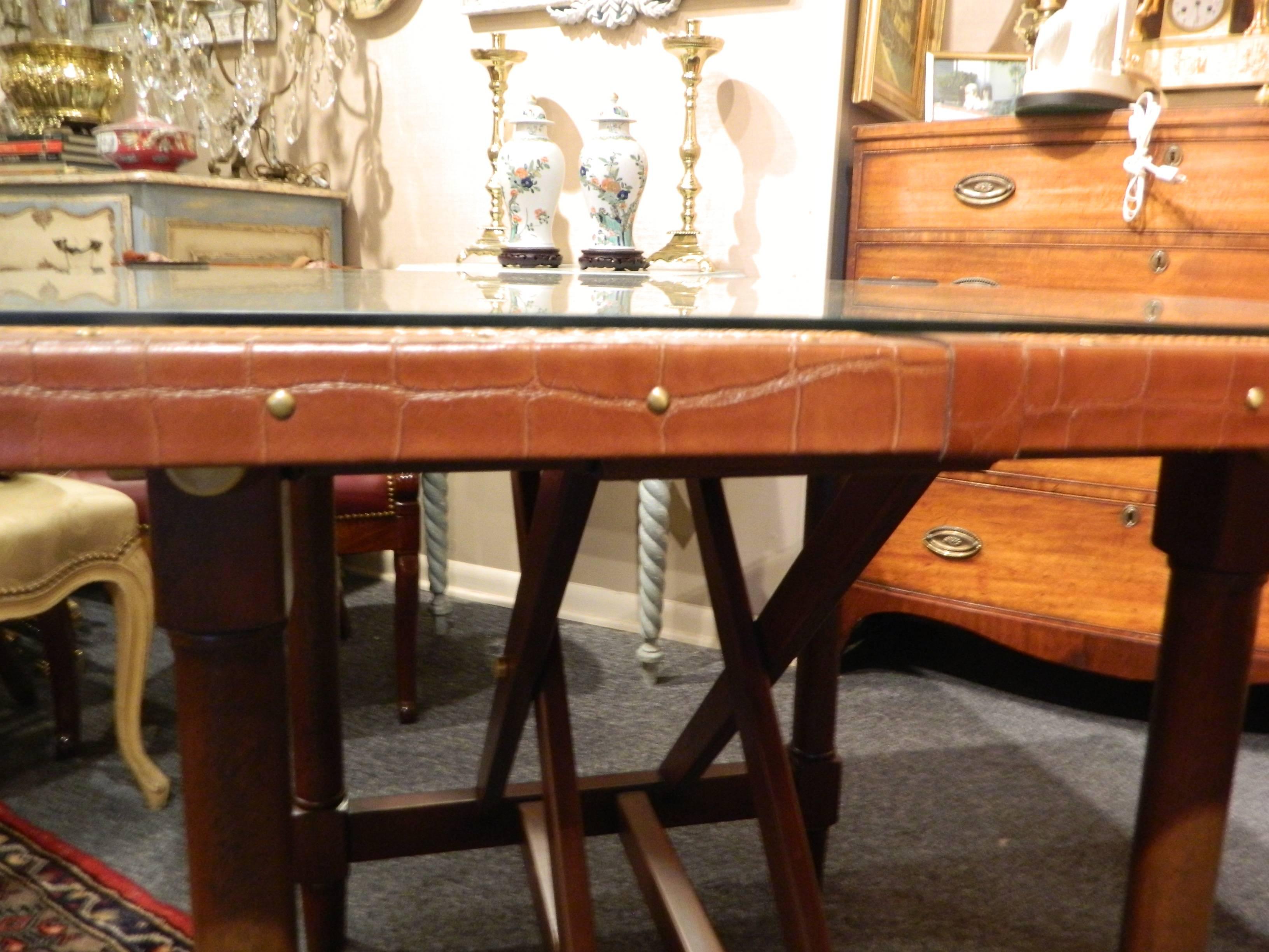 Rattan with Leather and Brass Accents & Mahogany Base Games Table, 20th Century In Excellent Condition In Savannah, GA