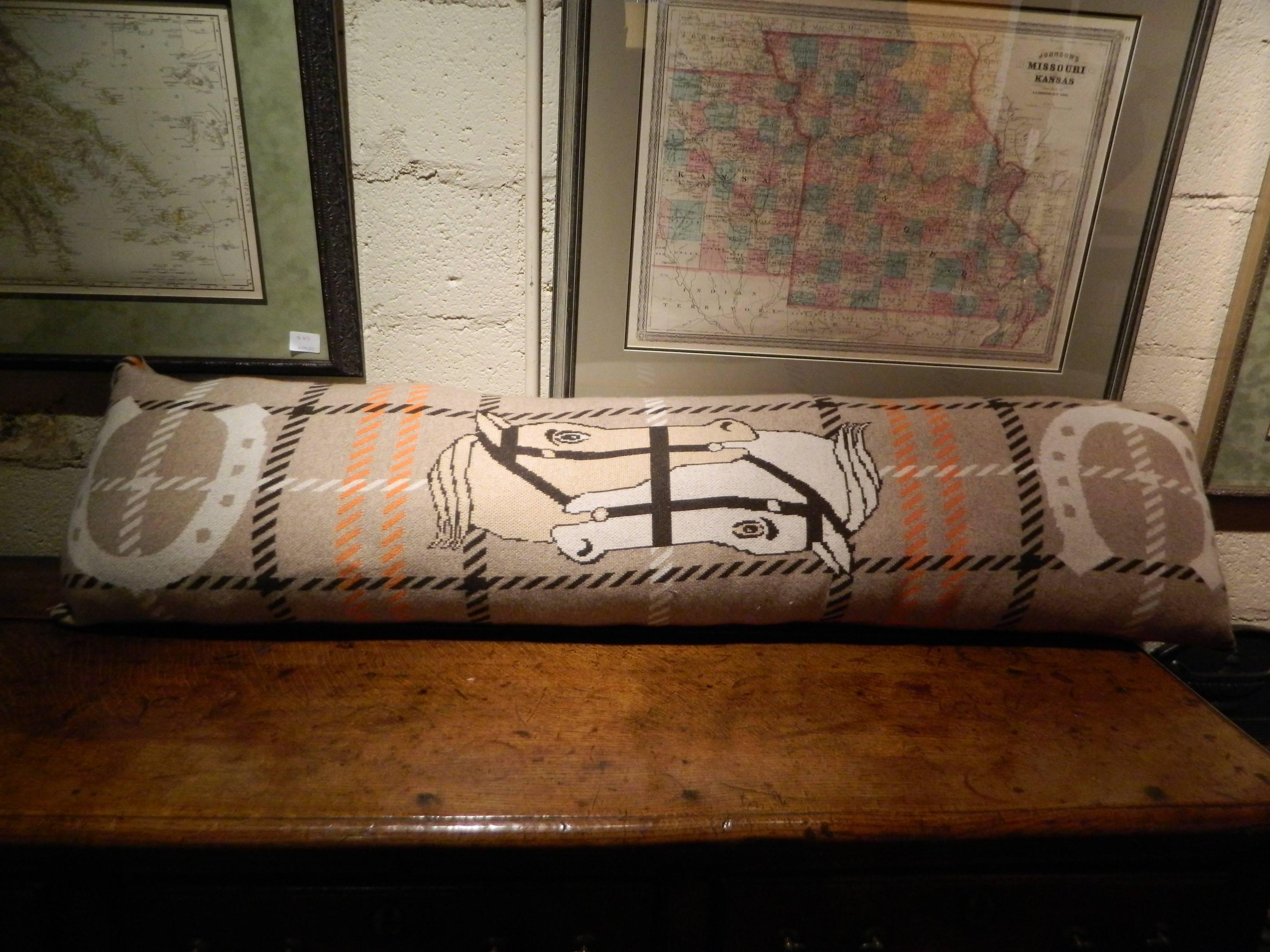 Italian Long Equestrian Cashmere Pillow by Rani Arabella, Late 20th Century In Excellent Condition In Savannah, GA