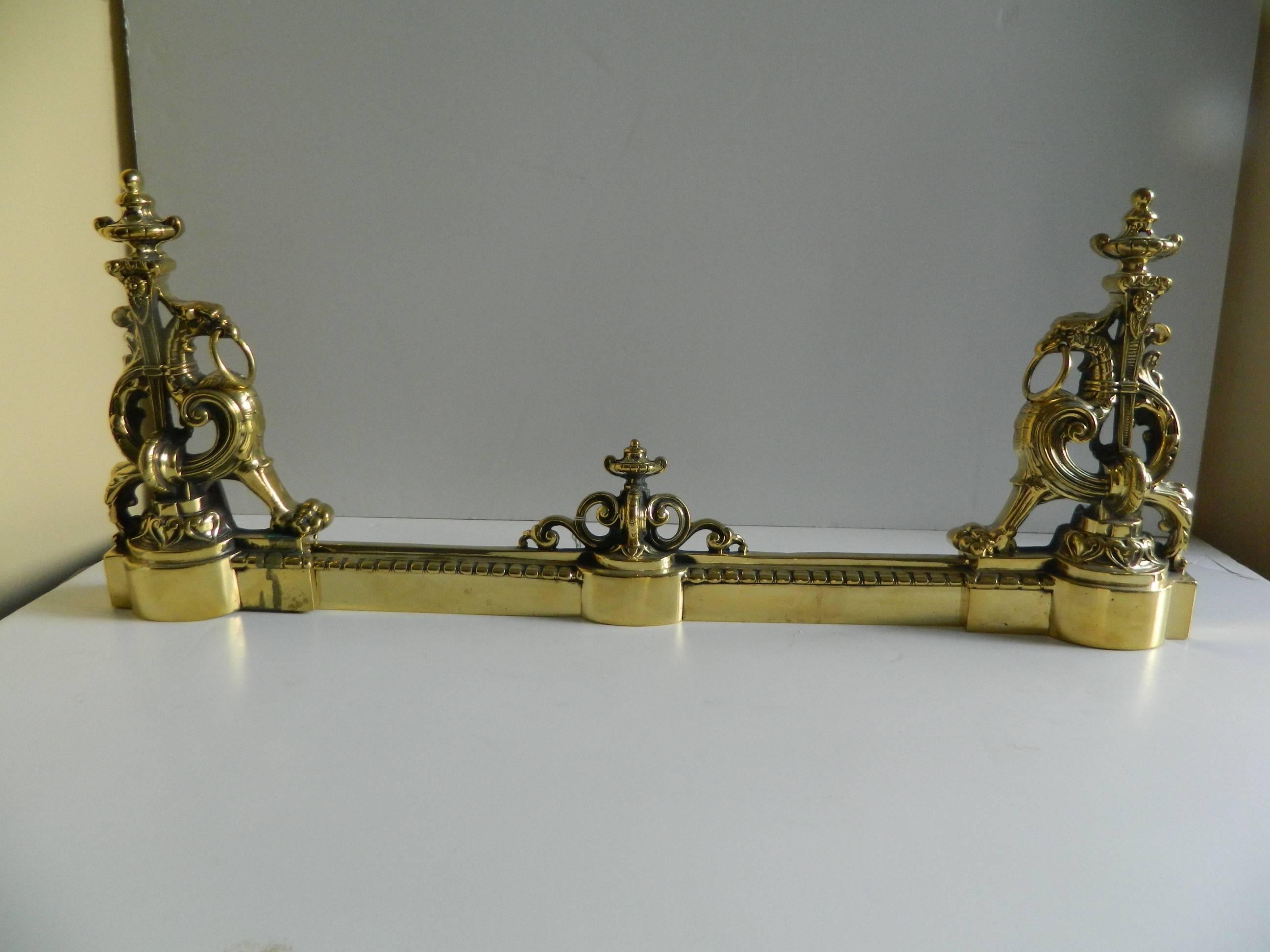 French Pair of Brass Chenets or Andirons with Fender, Dragon Motif, 19th Century