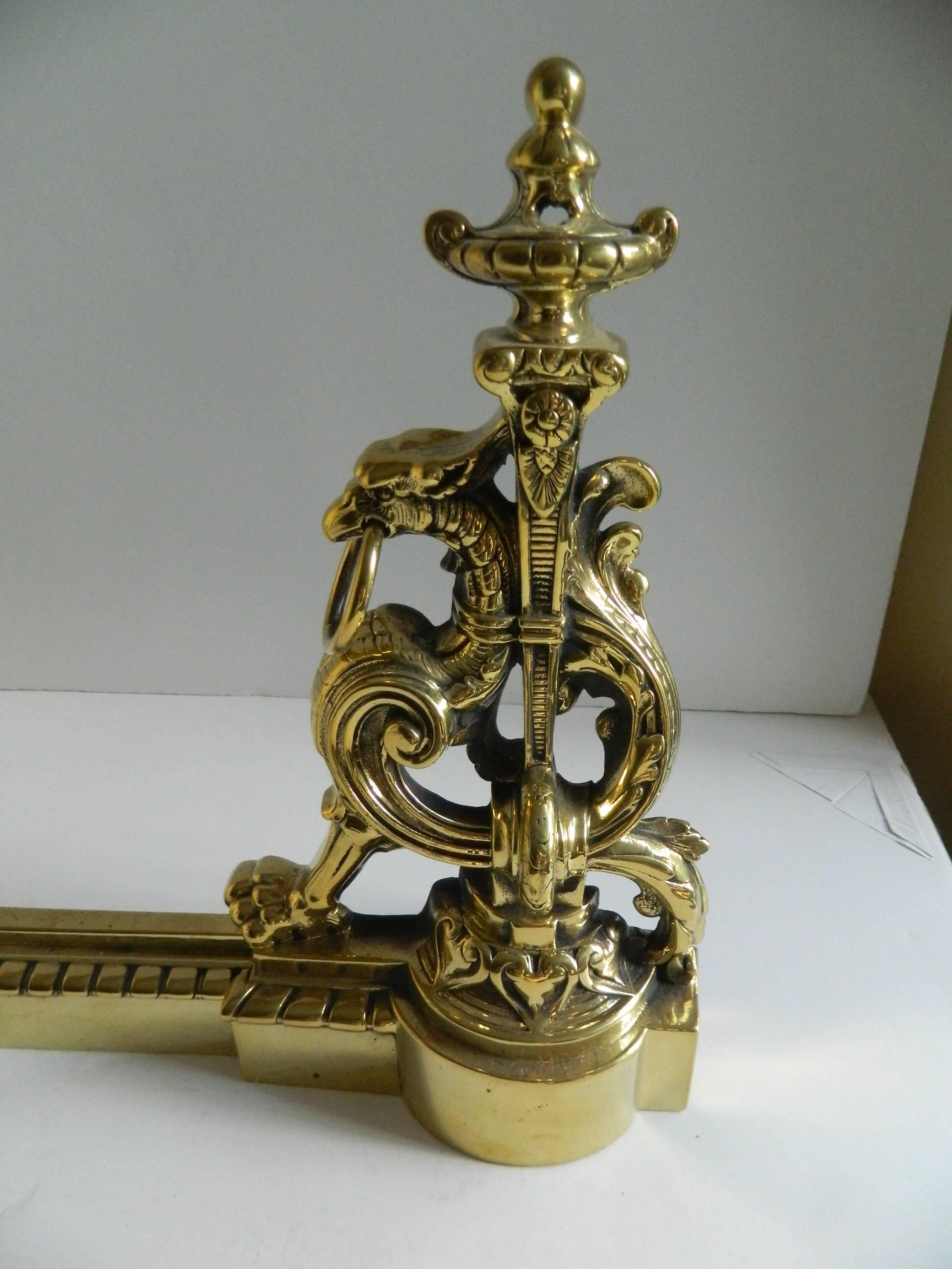 Pair of Brass Chenets or Andirons with Fender, Dragon Motif, 19th Century In Good Condition In Savannah, GA