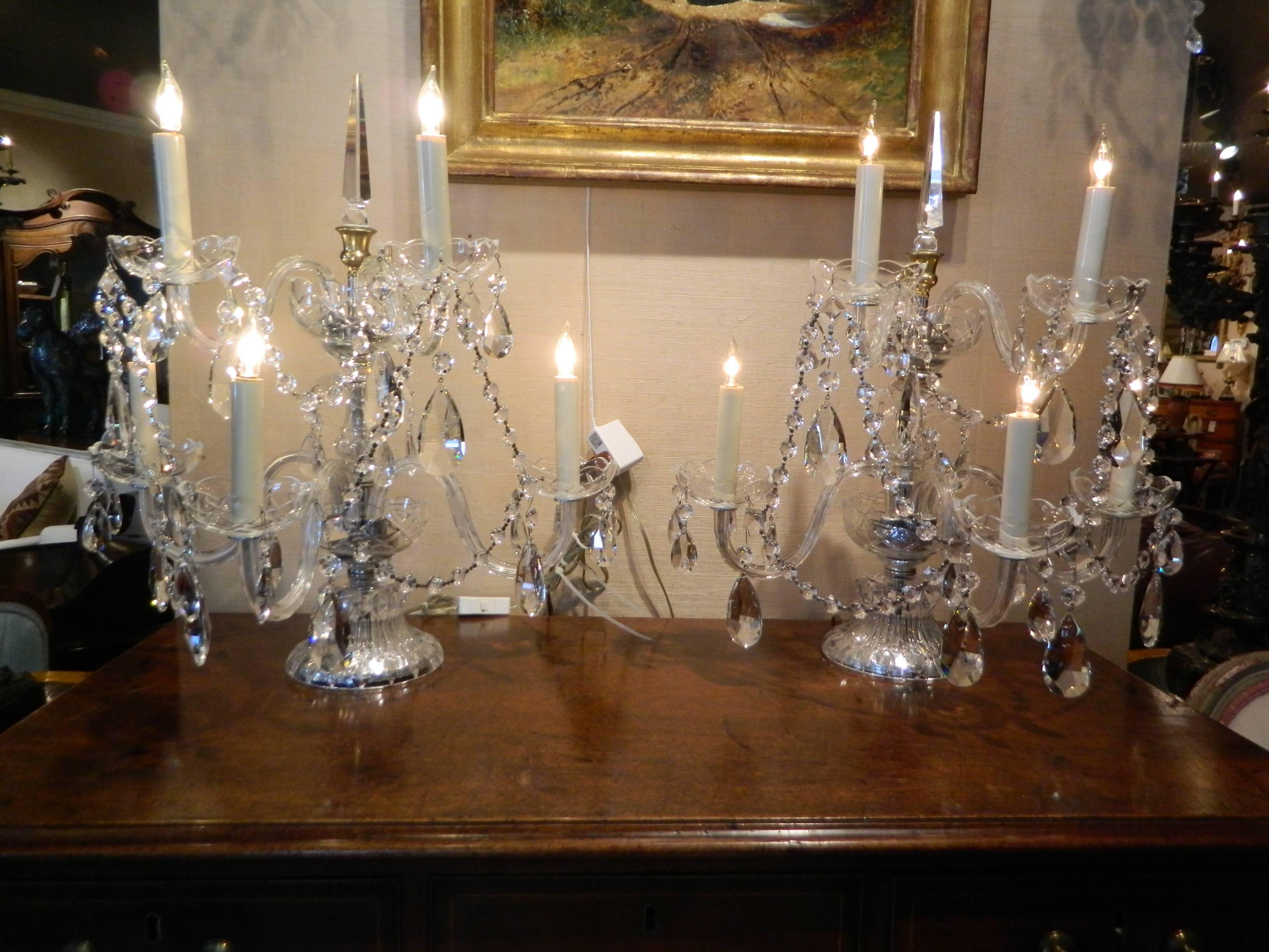 Pair of Crystal Five Branch Candelabras with Swags, Early 20th Century 4