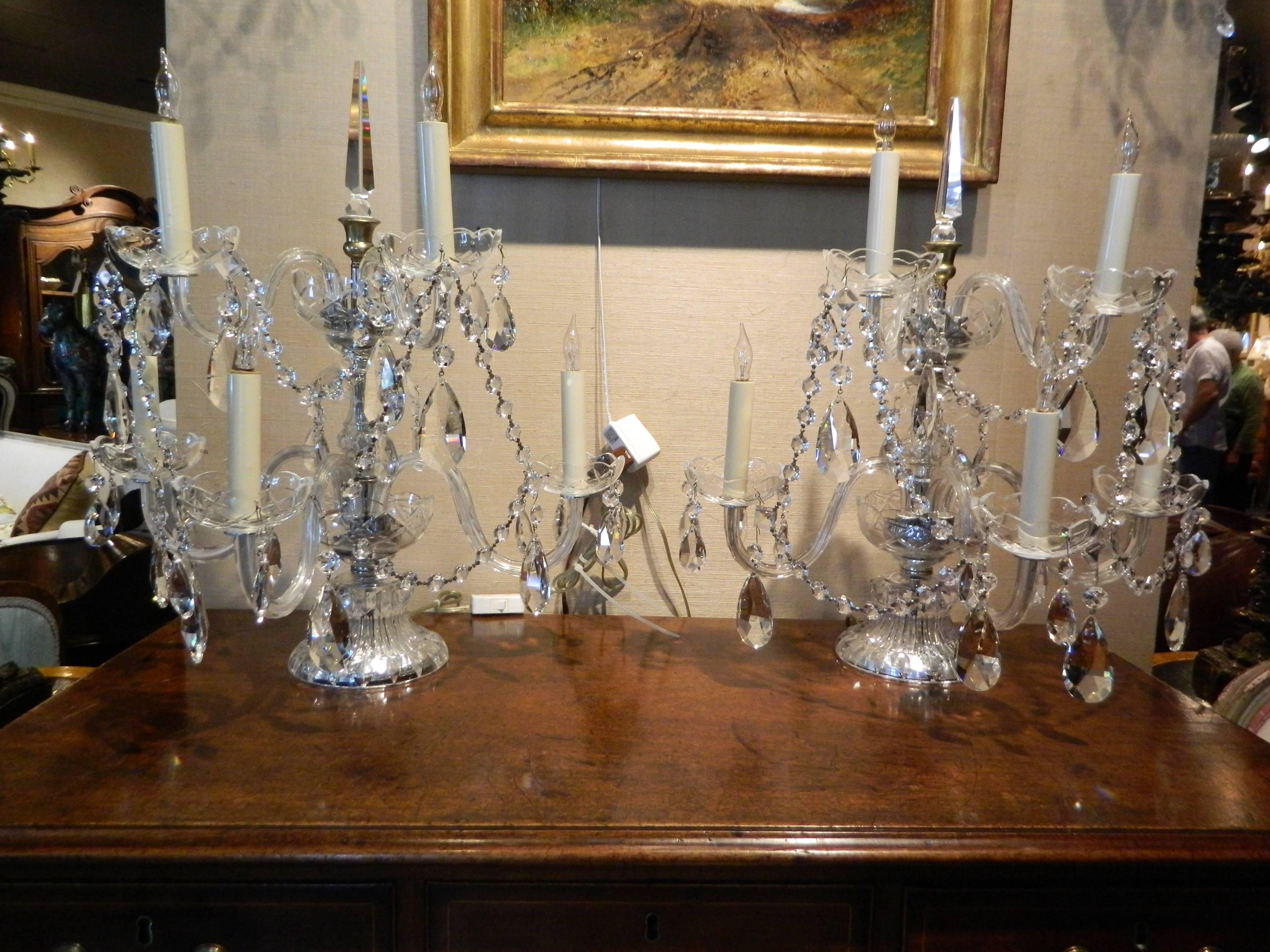 Pair of Crystal Five Branch Candelabras with Swags, Early 20th Century 5