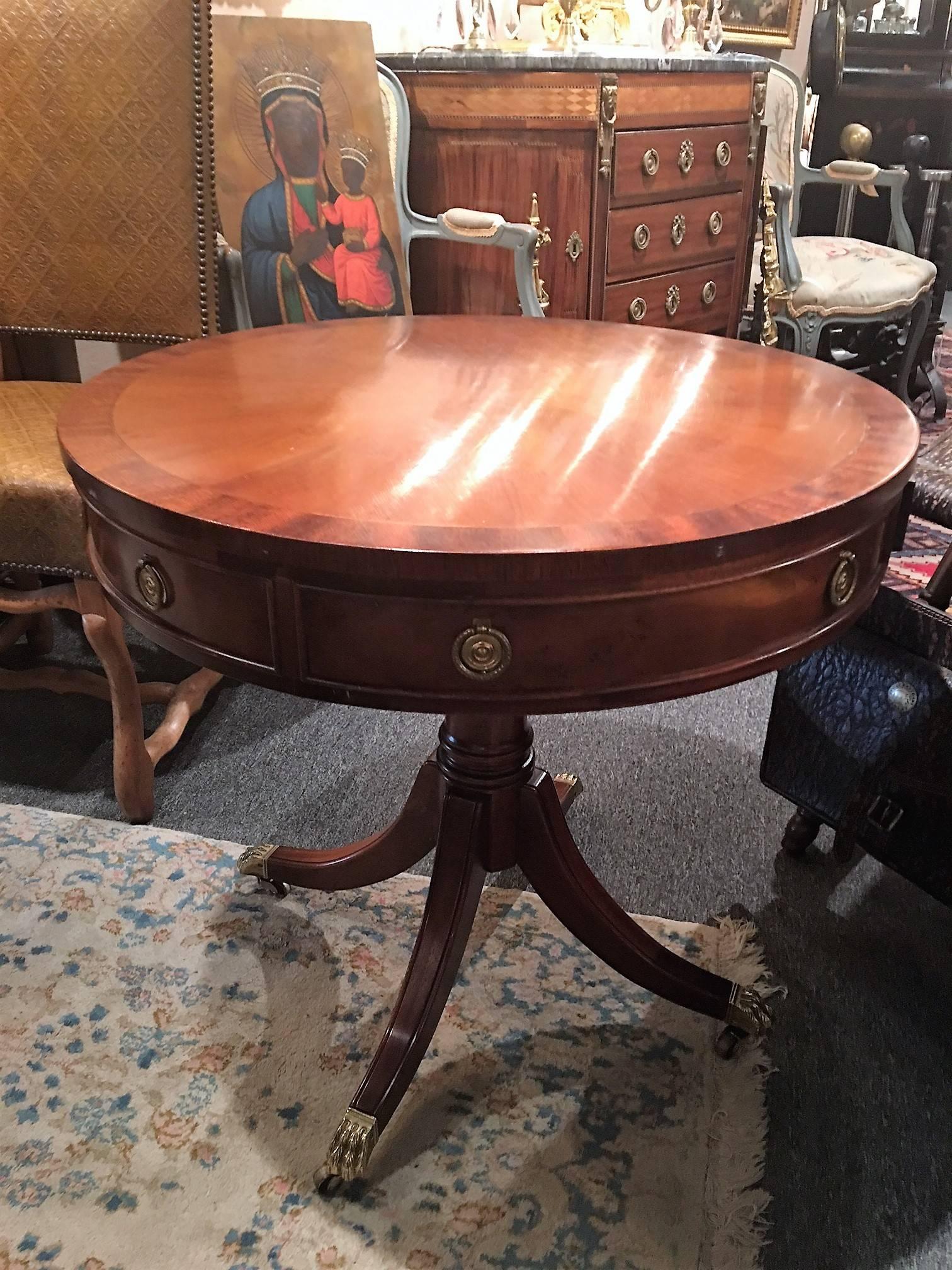 Mahogany Round Side Table with a Single Drawer on Casters, Mid-20th Century 2