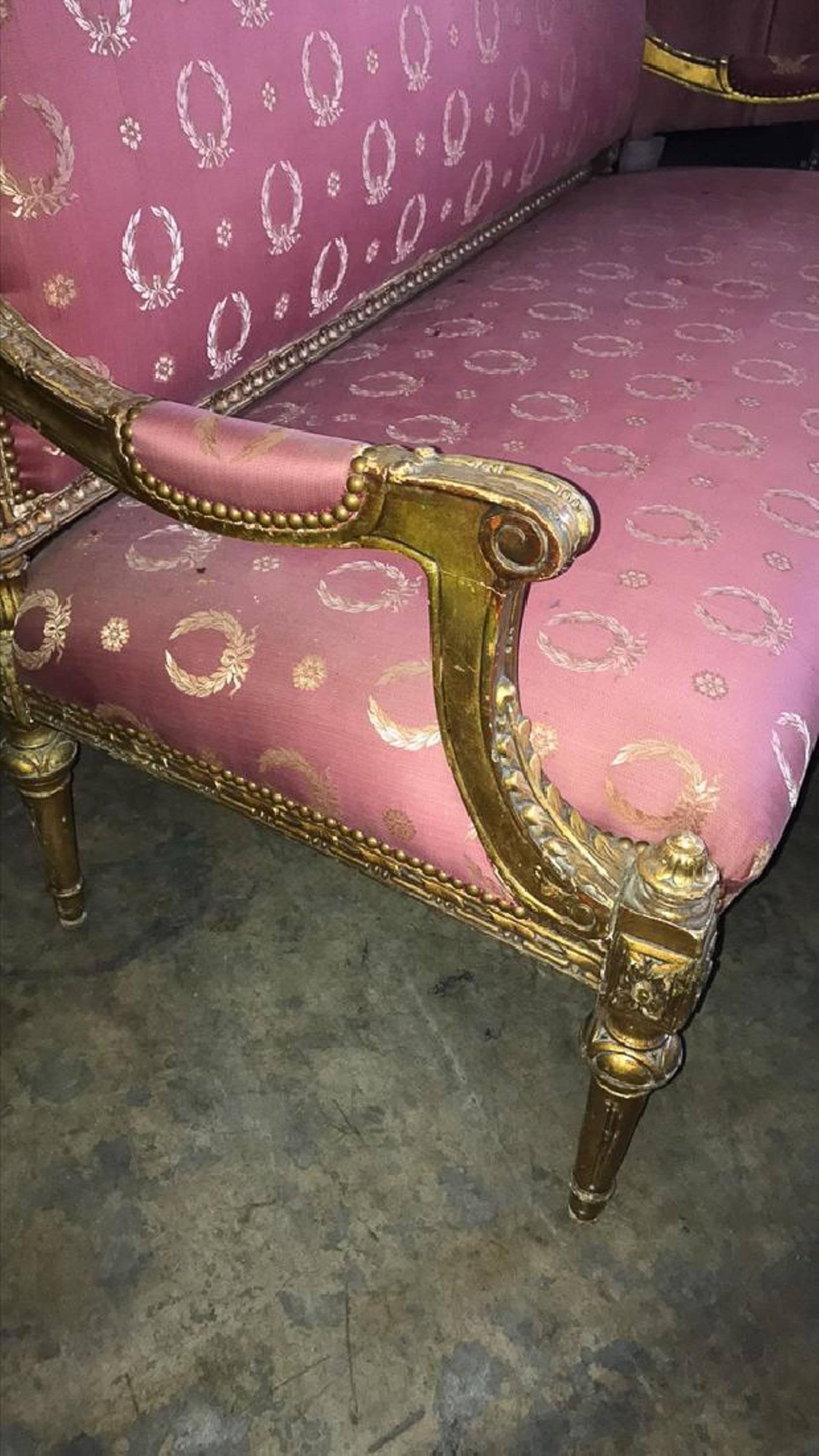 French Louis XVI Giltwood Settee Empire Silk Upholstery, 19th Century In Excellent Condition In Savannah, GA