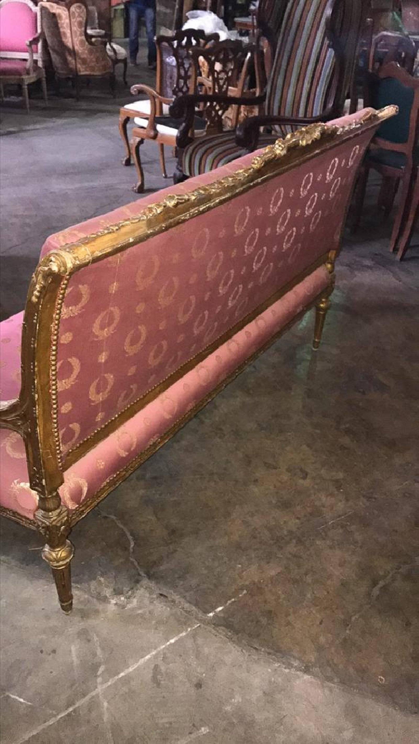 French Louis XVI Giltwood Settee Empire Silk Upholstery, 19th Century 1