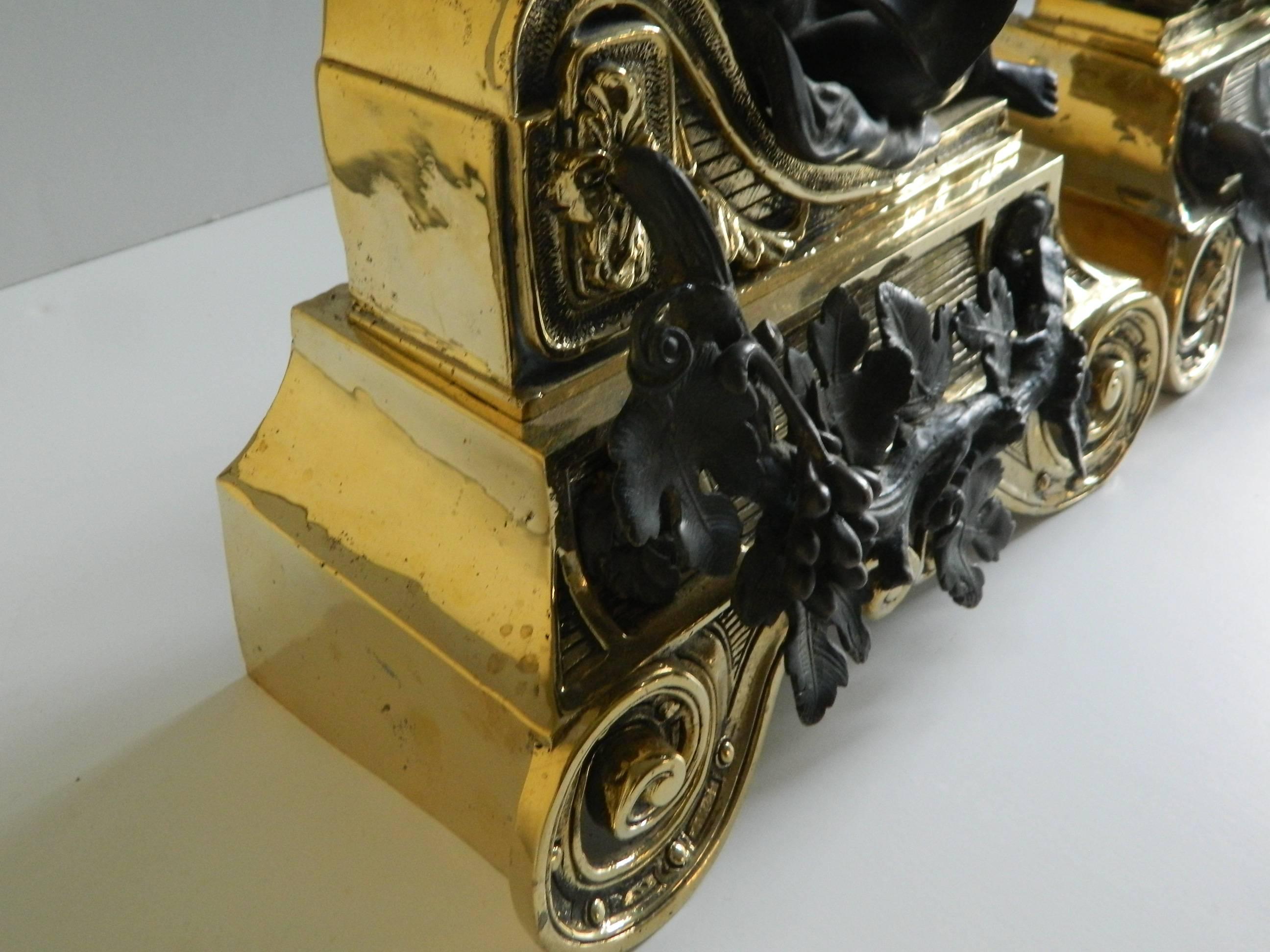 Pair of Polished Brass Chenets or Andirons with Bronze Cherubs, 19th Century For Sale 1
