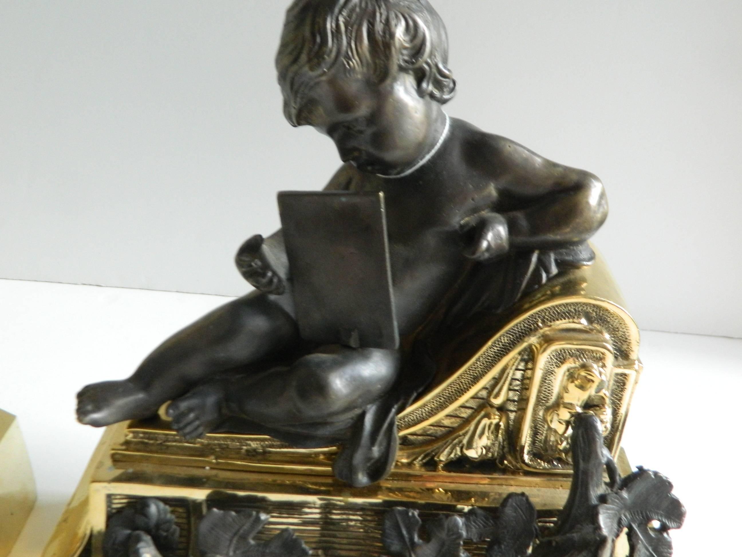Pair of Polished Brass Chenets or Andirons with Bronze Cherubs, 19th Century For Sale 2
