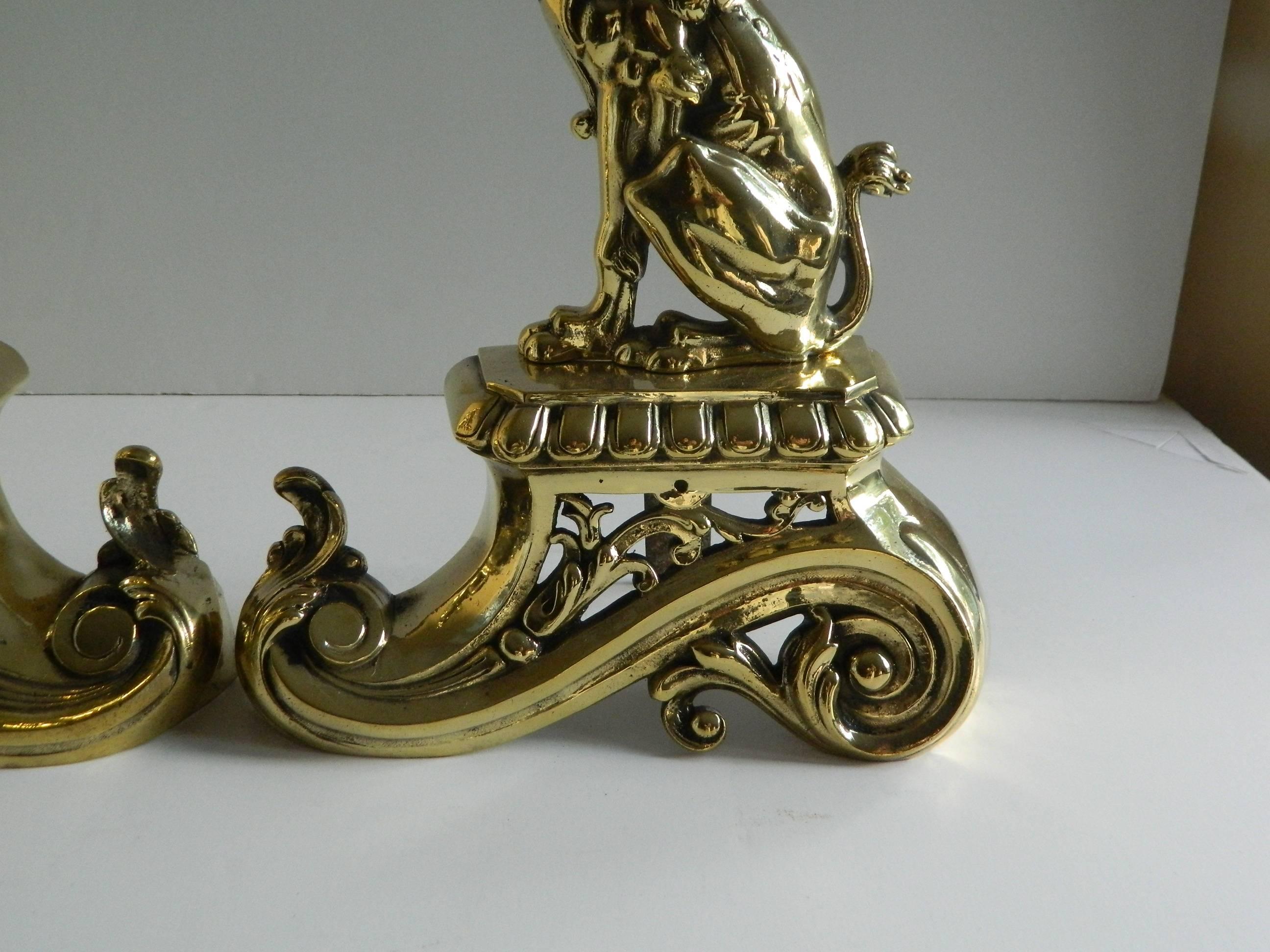 Pair of Brass Chenets or Andirons, Sphinx Motif, 19th Century In Good Condition In Savannah, GA