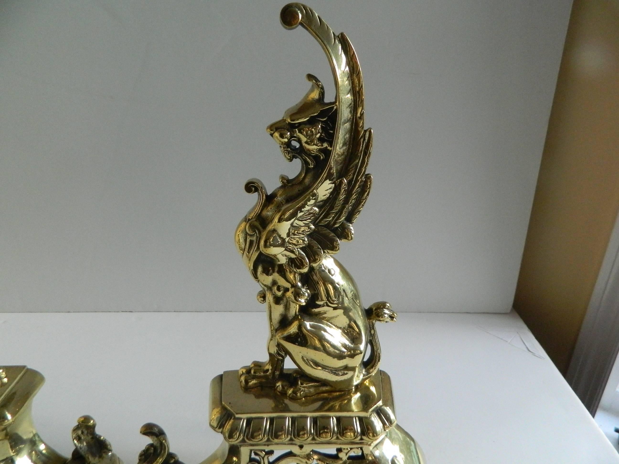 French Pair of Brass Chenets or Andirons, Sphinx Motif, 19th Century
