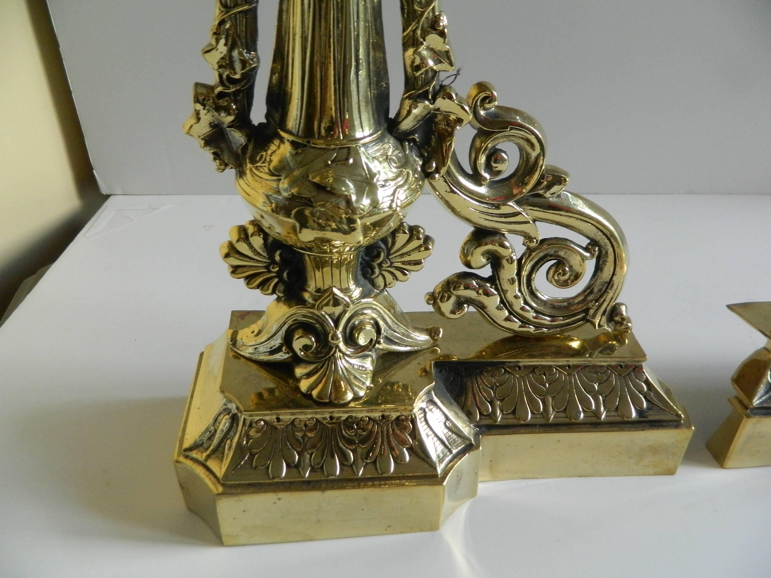 Pair of Brass Chenets or Andirons, Magical or Oil Lamp Motif, 19th Century In Good Condition For Sale In Savannah, GA