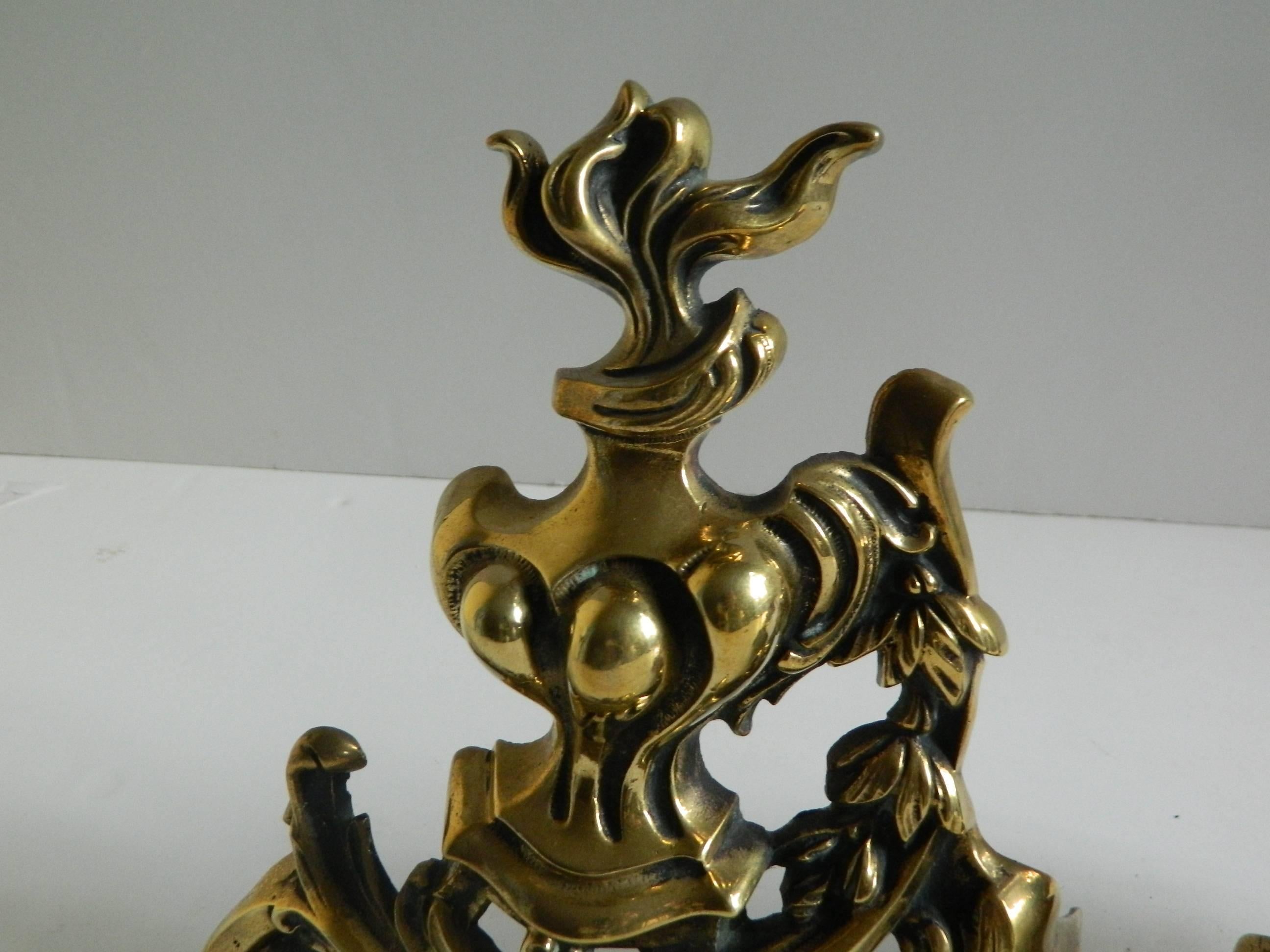 French Pair of Brass Small Chenets or Andirons with Flame Finials, 19th Century For Sale