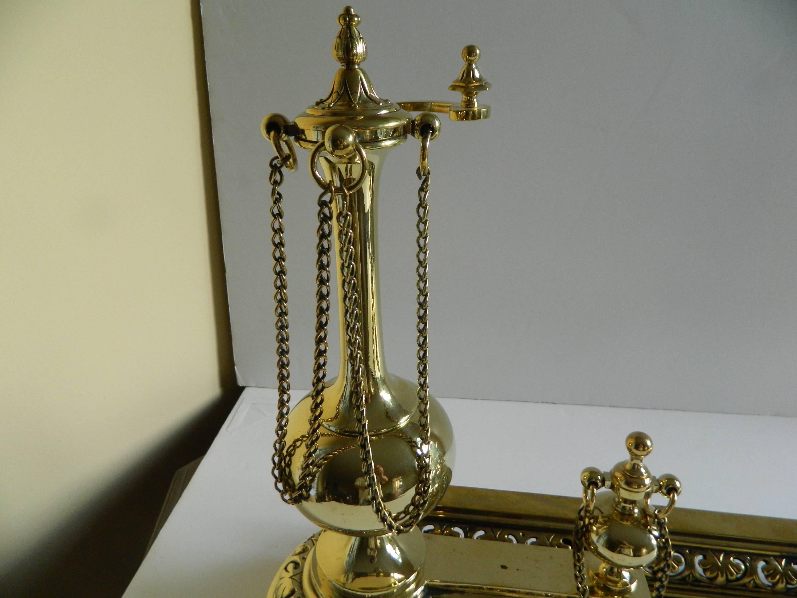 French Pair of Polished Brass Chenets or Andirons with Fender, 19th Century For Sale