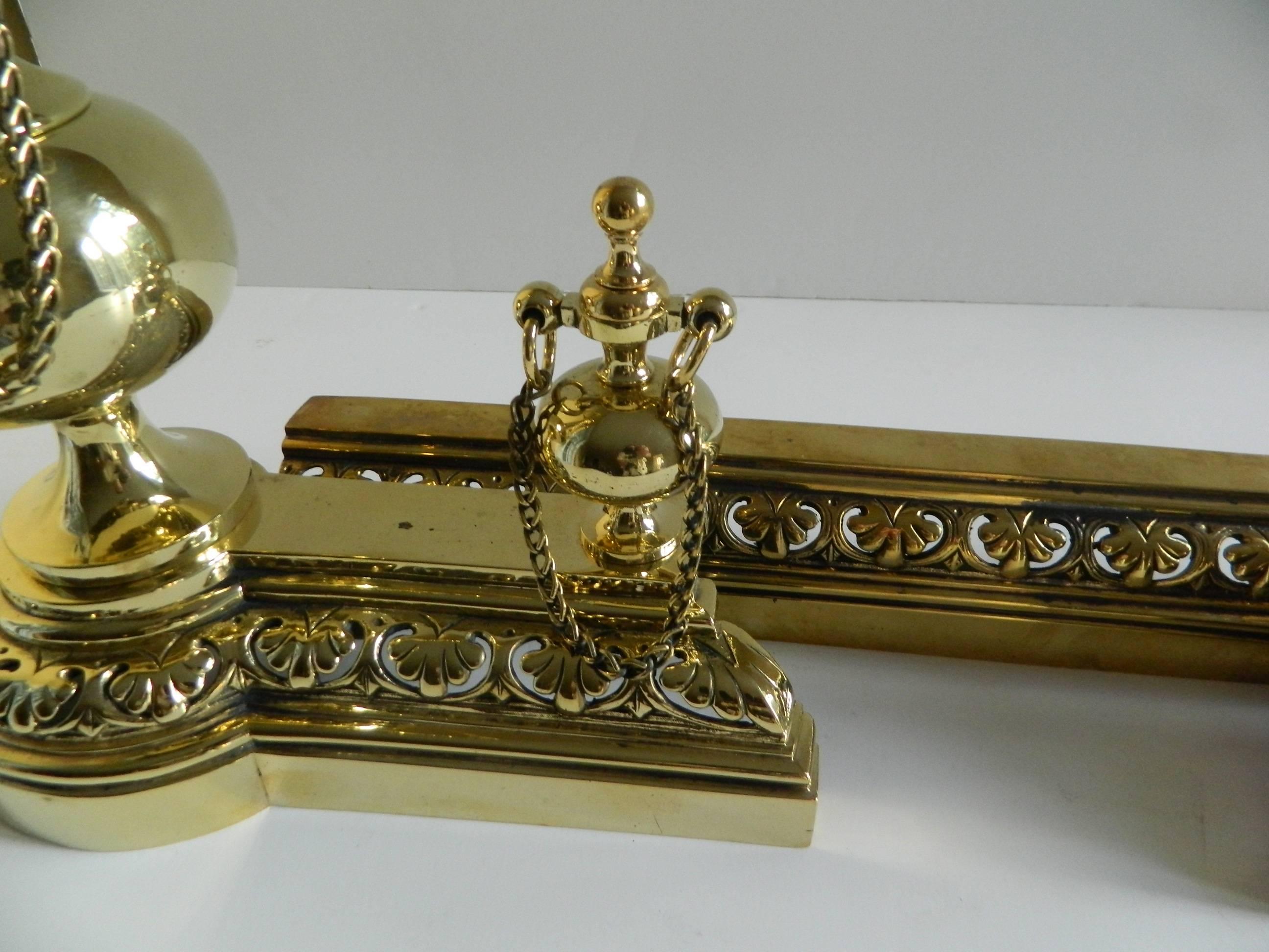 Pair of Polished Brass Chenets or Andirons with Fender, 19th Century In Good Condition For Sale In Savannah, GA