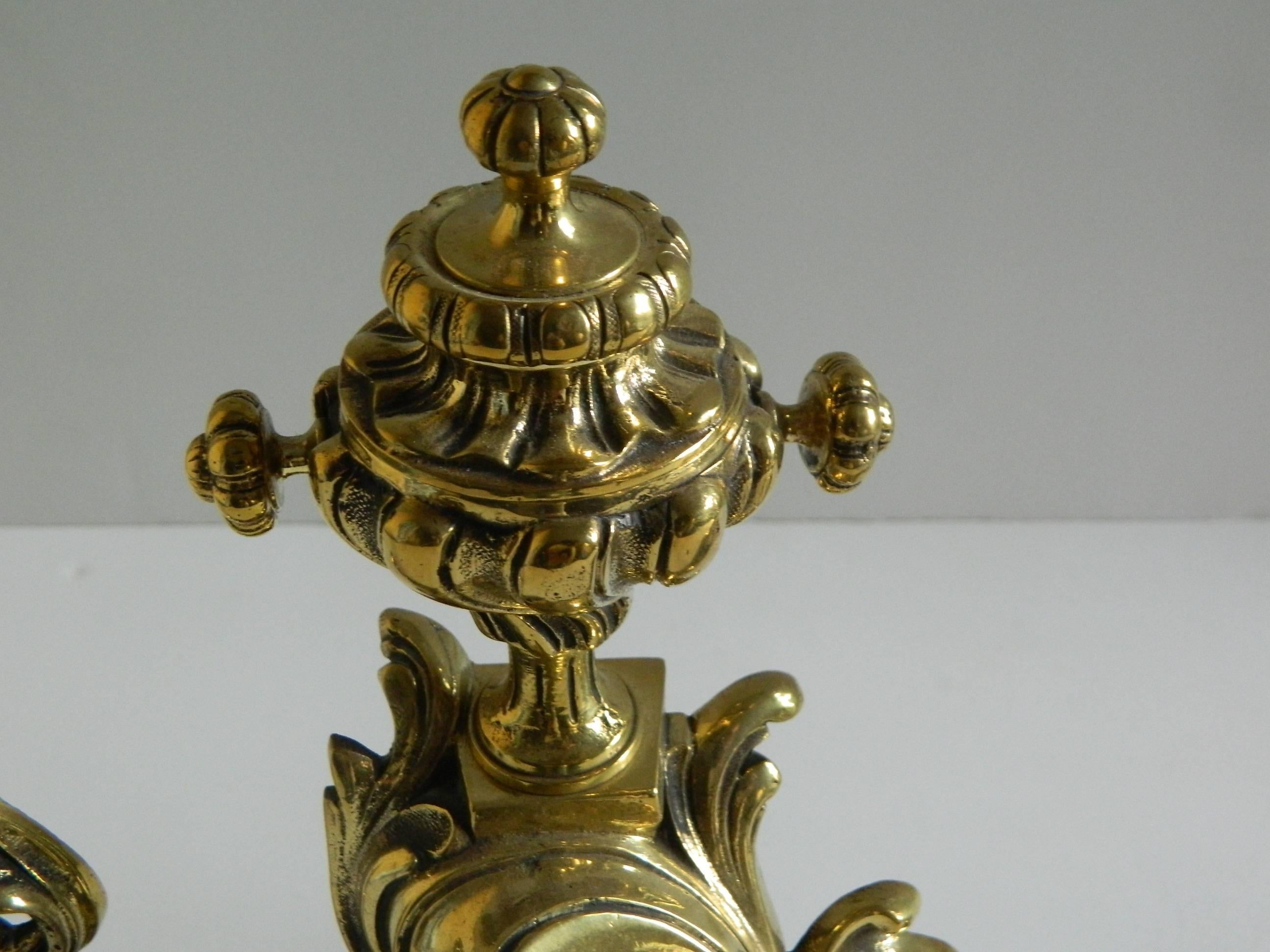 Pair of Polished Brass Chenets or Andirons, Scroll Motif, 19th Century In Good Condition For Sale In Savannah, GA