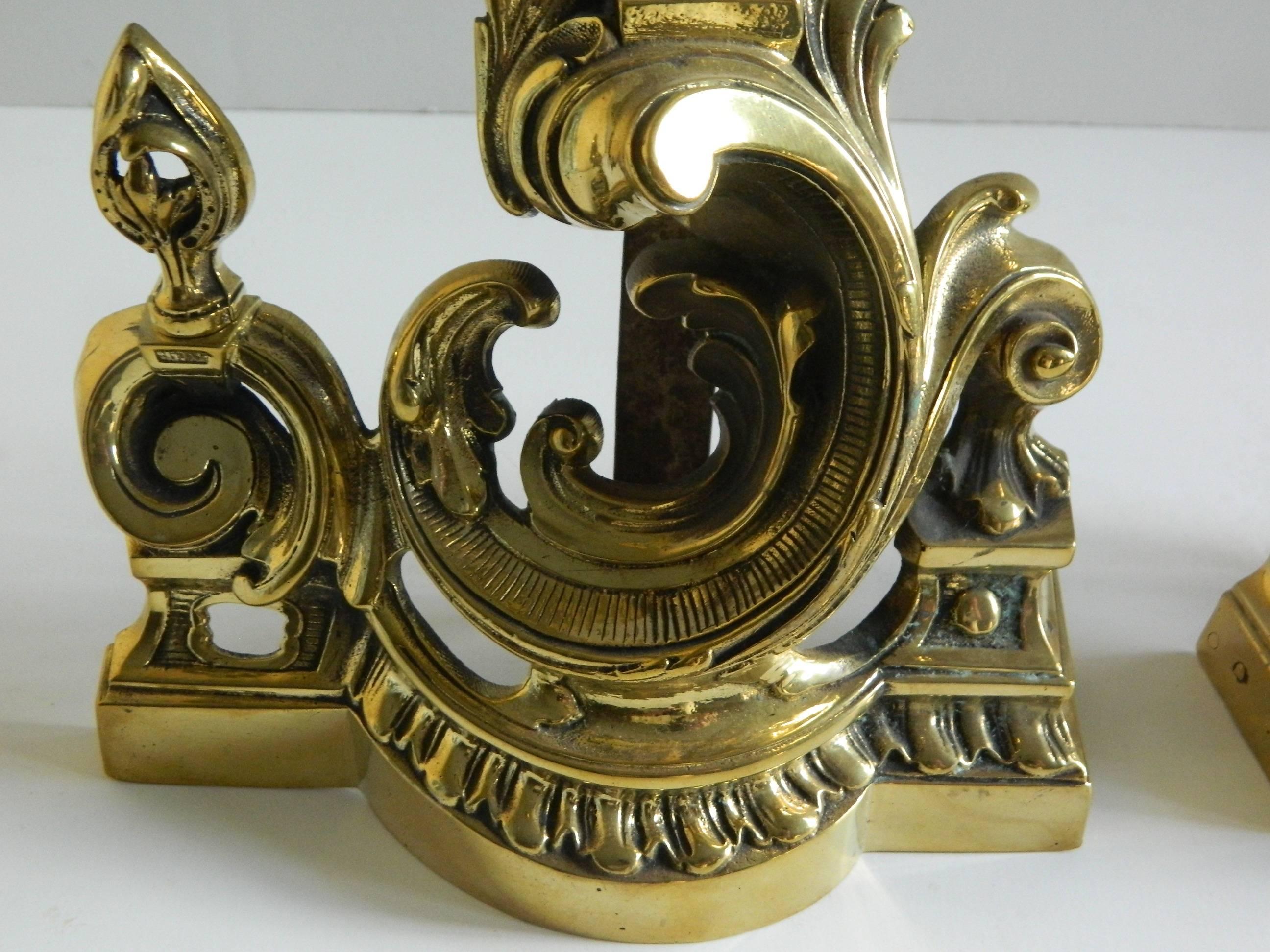 French Pair of Polished Brass Chenets or Andirons, Scroll Motif, 19th Century For Sale