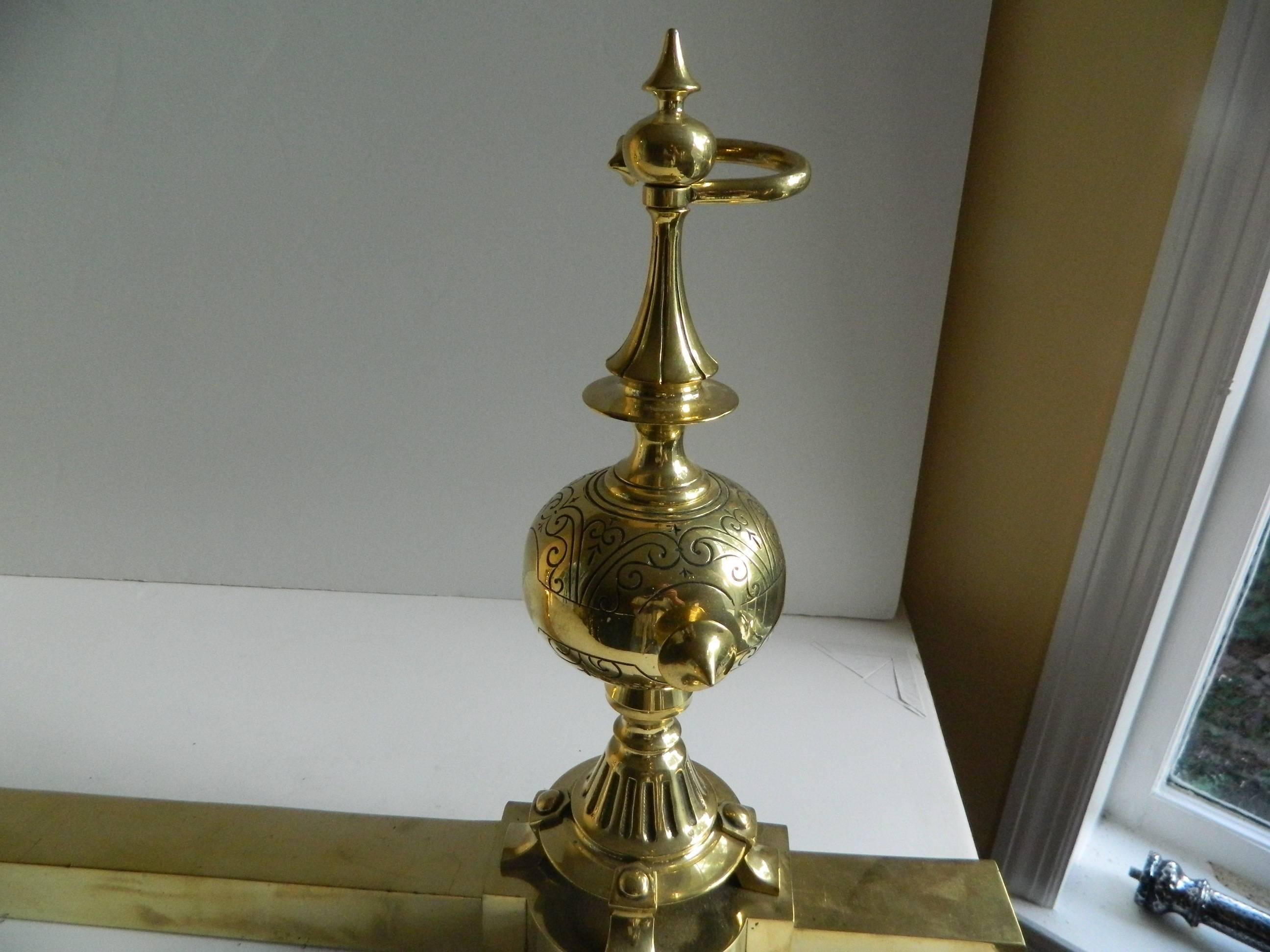 French Pair of Polished Brass Chenets or Andirons with a Fender, 19th Century