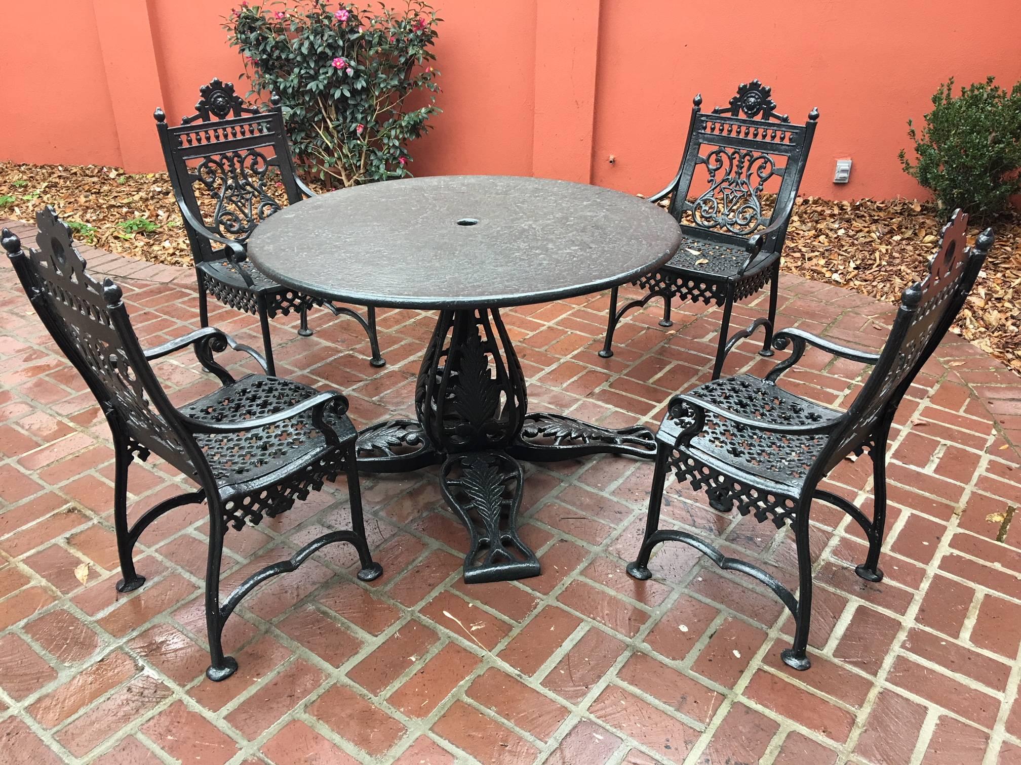 Five-piece cast iron patio set, marked in casting early Victorian Jacobs Mfg. Co. Bridgeport, Alabama, circa 1940. Dimensions: 27.25