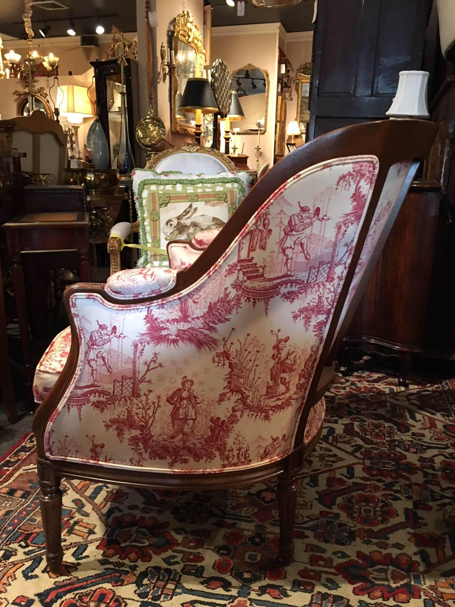 Louis XVI Style Upholstered Carved Mahogany Bergere or Armchair, 20th Century 7