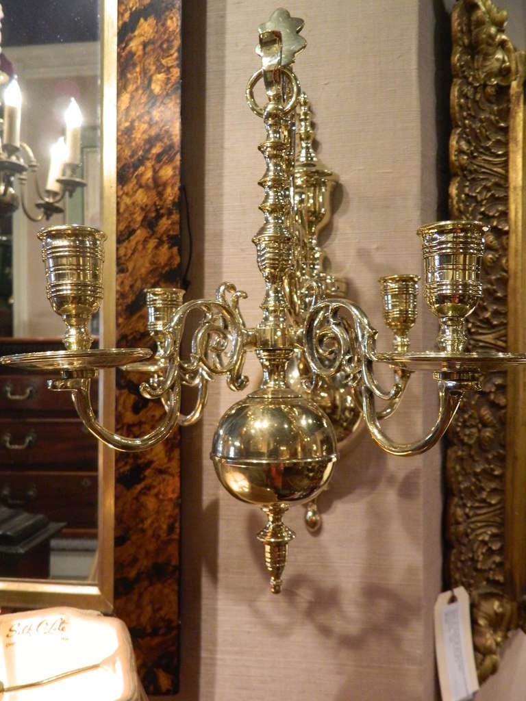 Pair of Four Brass Candle Chandelier Wall Sconces, 19th Century For