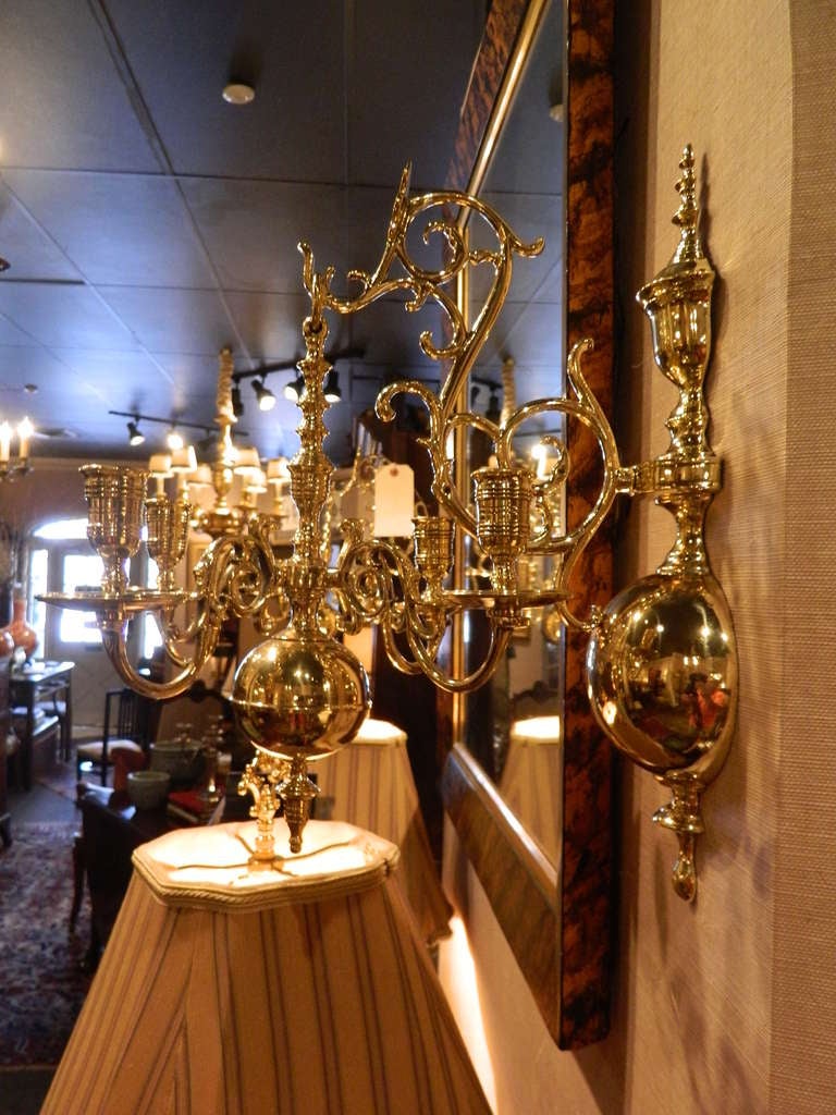 French Pair of Four Brass Candle Chandelier Wall Sconces, 19th Century For Sale