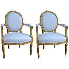 Pair of Louis XVI Style Giltwood Armchairs, 19th Century