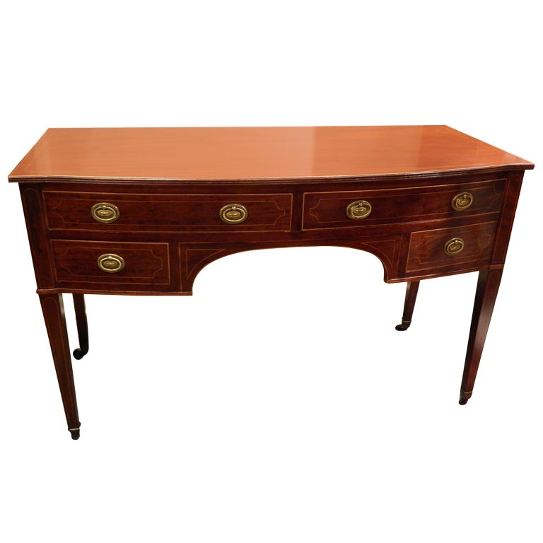 English Mahogany and Boxwood String Bow Front Sideboard or Desk, 19th Century