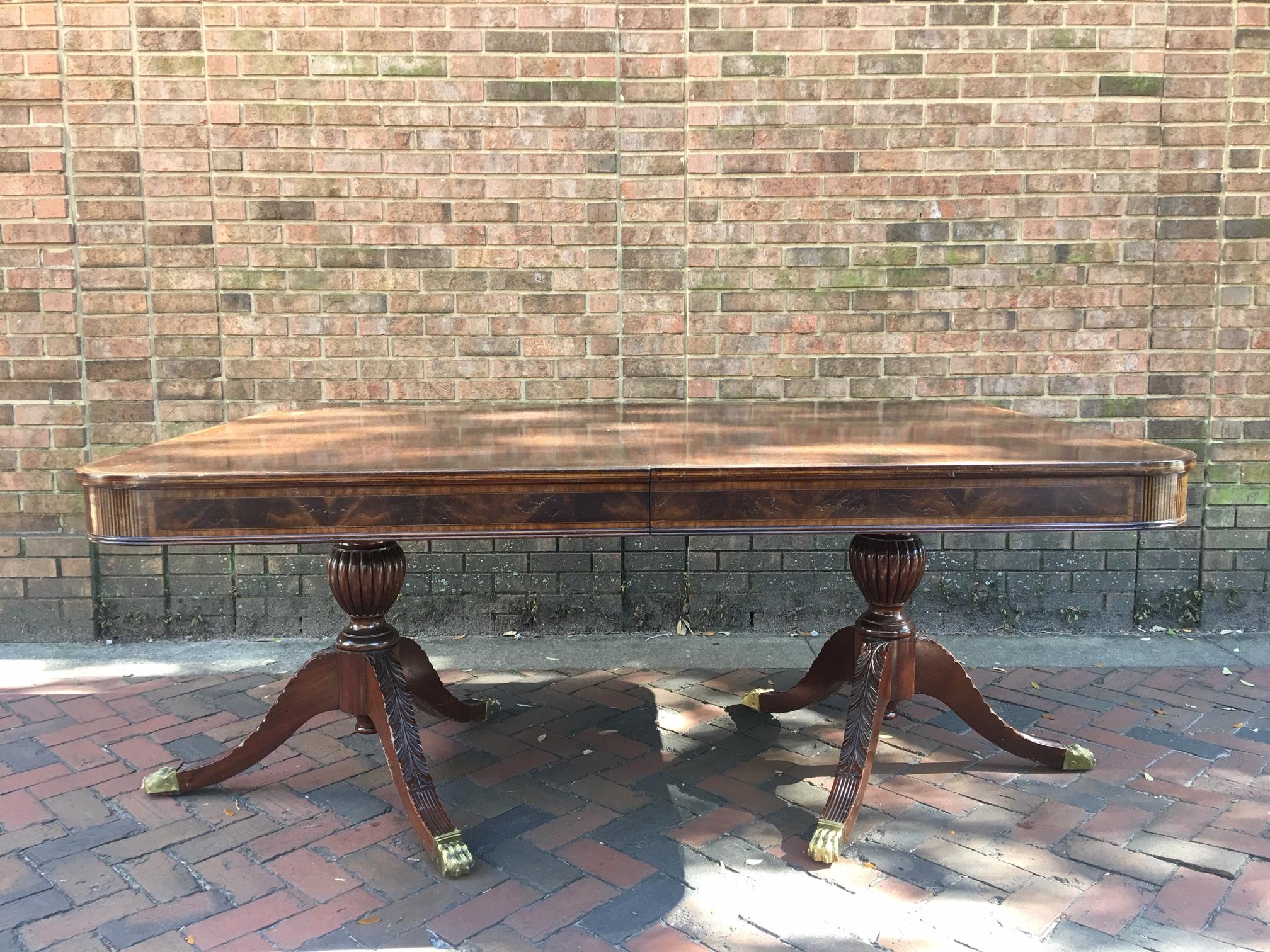 Georgian Banquet English Mahogany Dining Room Table with Pedestals & Leaves, 20th Century