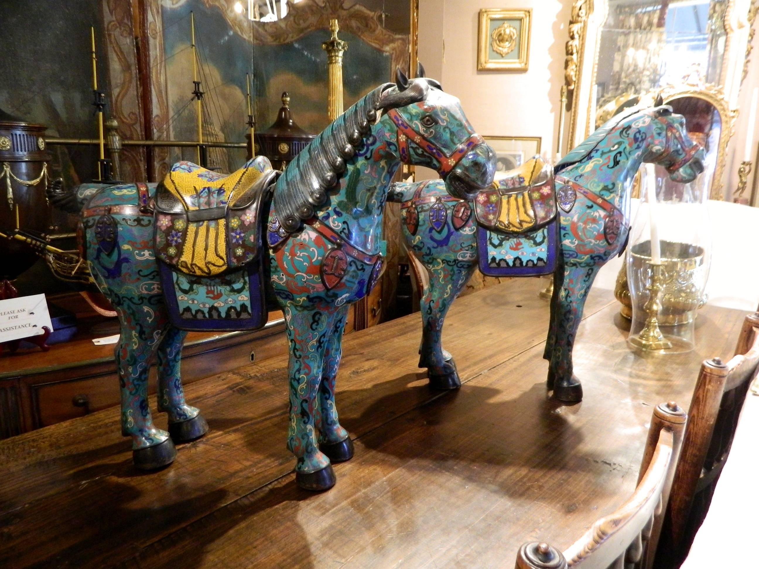 Pair of Chinese Cloisonne Horse Sculptures with Saddles, 20th Century In Excellent Condition In Savannah, GA