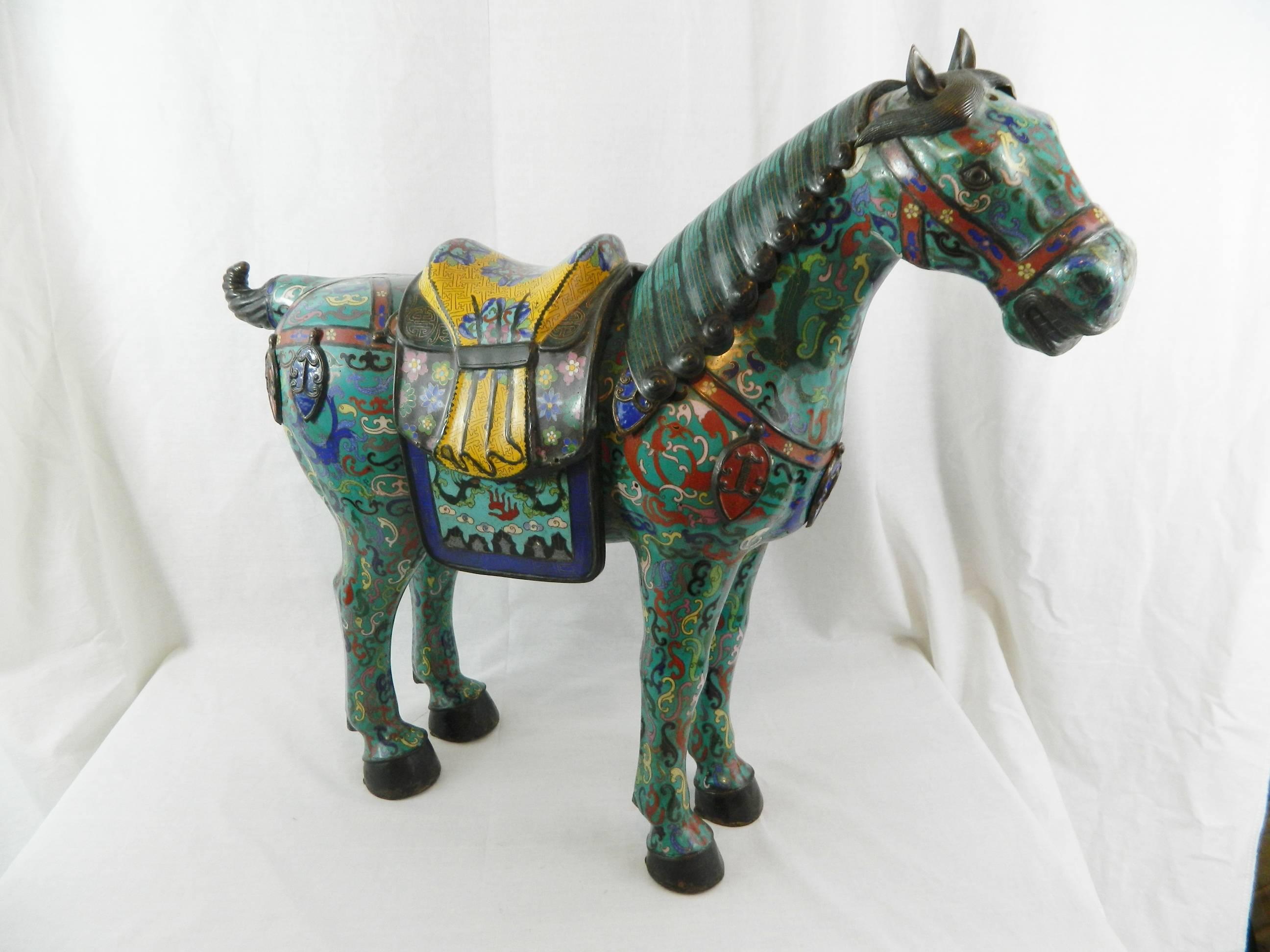 Pair of Chinese Cloisonne Horse Sculptures with Saddles, 20th Century 2