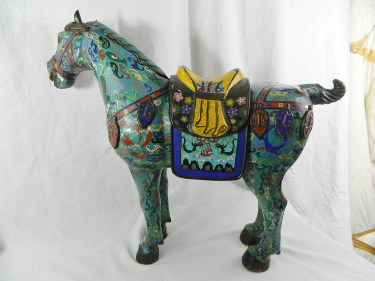 Pair of Chinese Cloisonne Horse Sculptures with Saddles, 20th Century at 1stDibs
