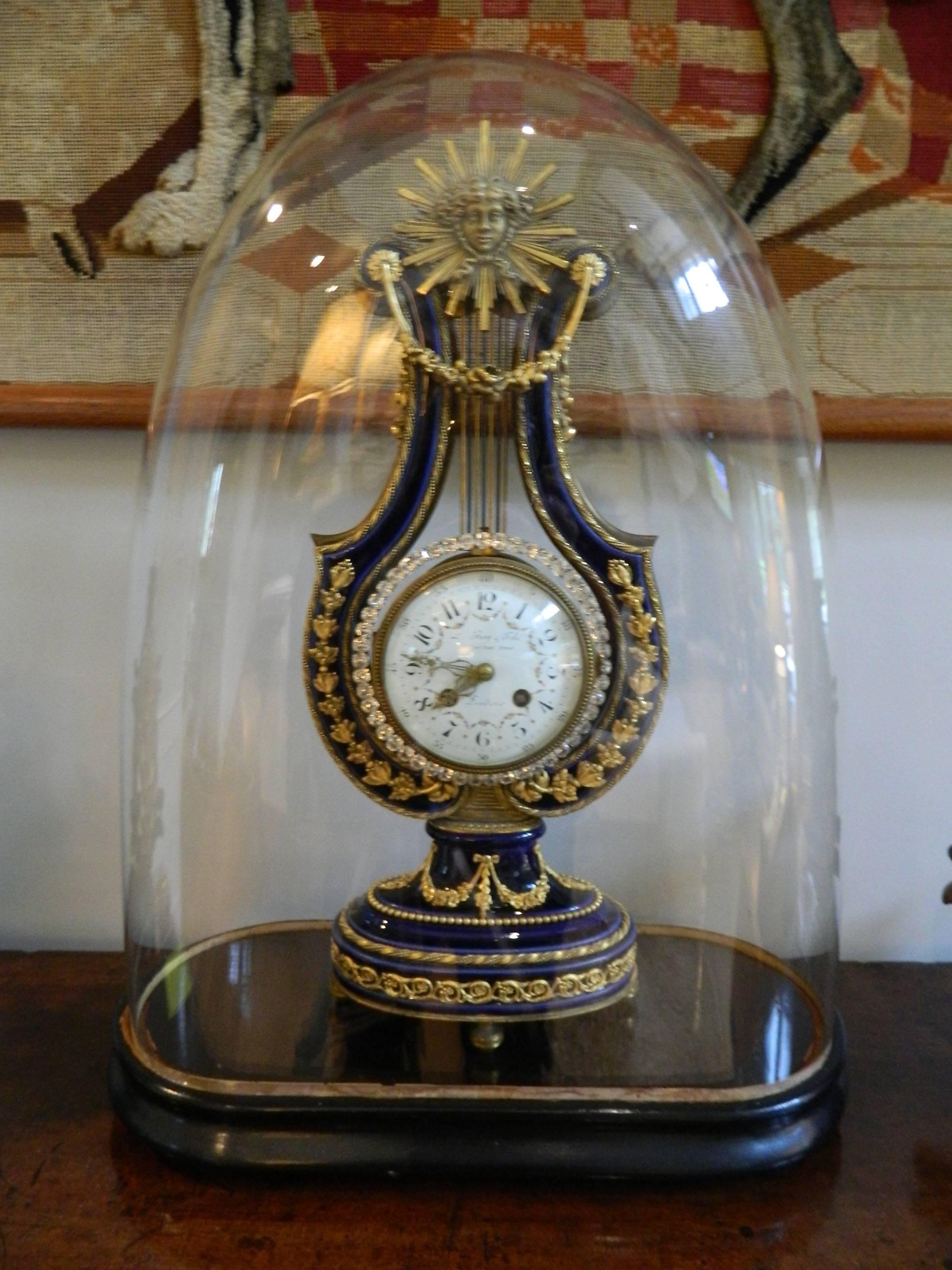 French Lyre Mantel Clock with Glass Dome, Third Quarter of the 19th Century 1