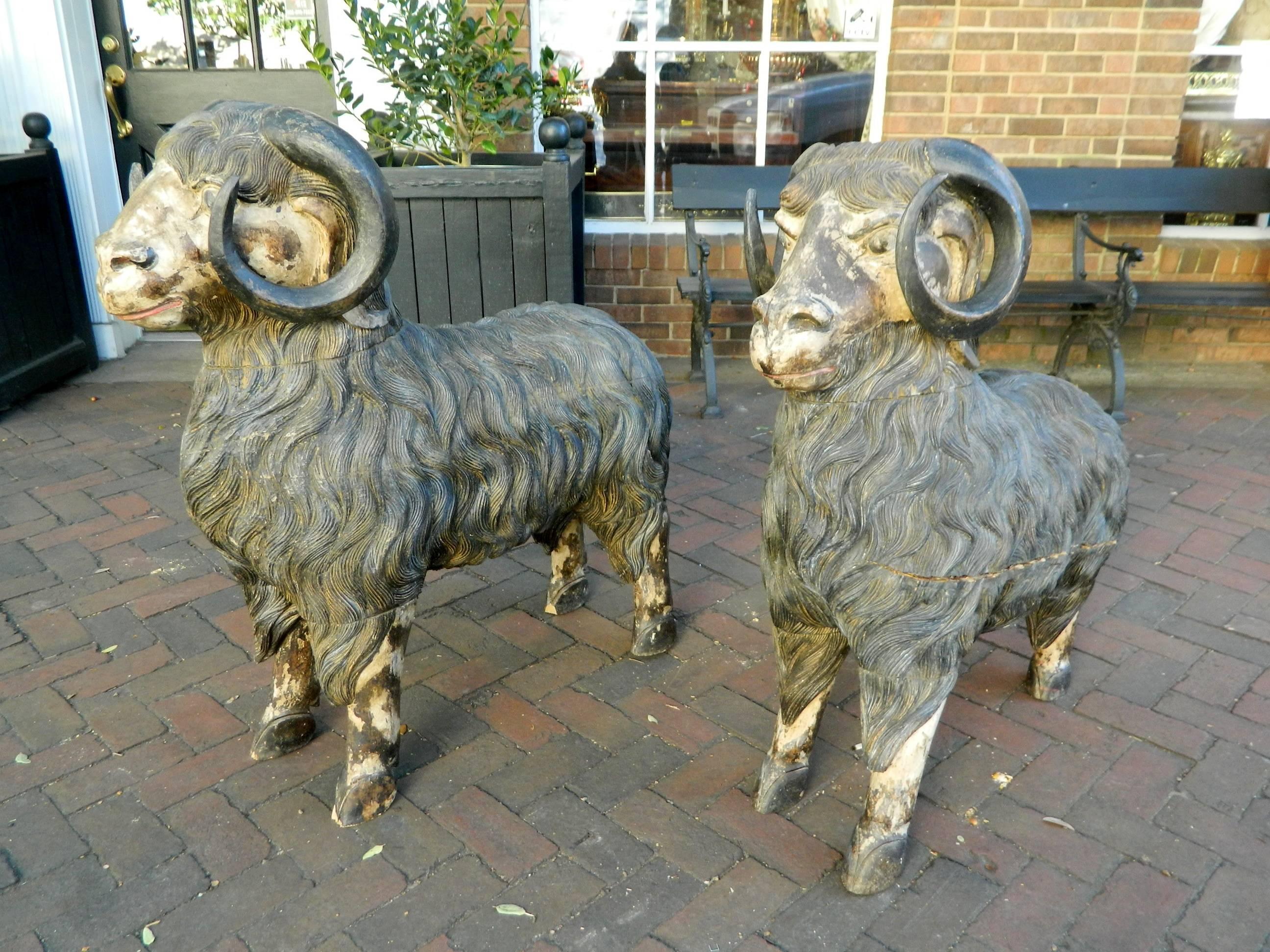 Monumental Size Pair of Balinese Carved Wood Rams, Early 20th Century 2