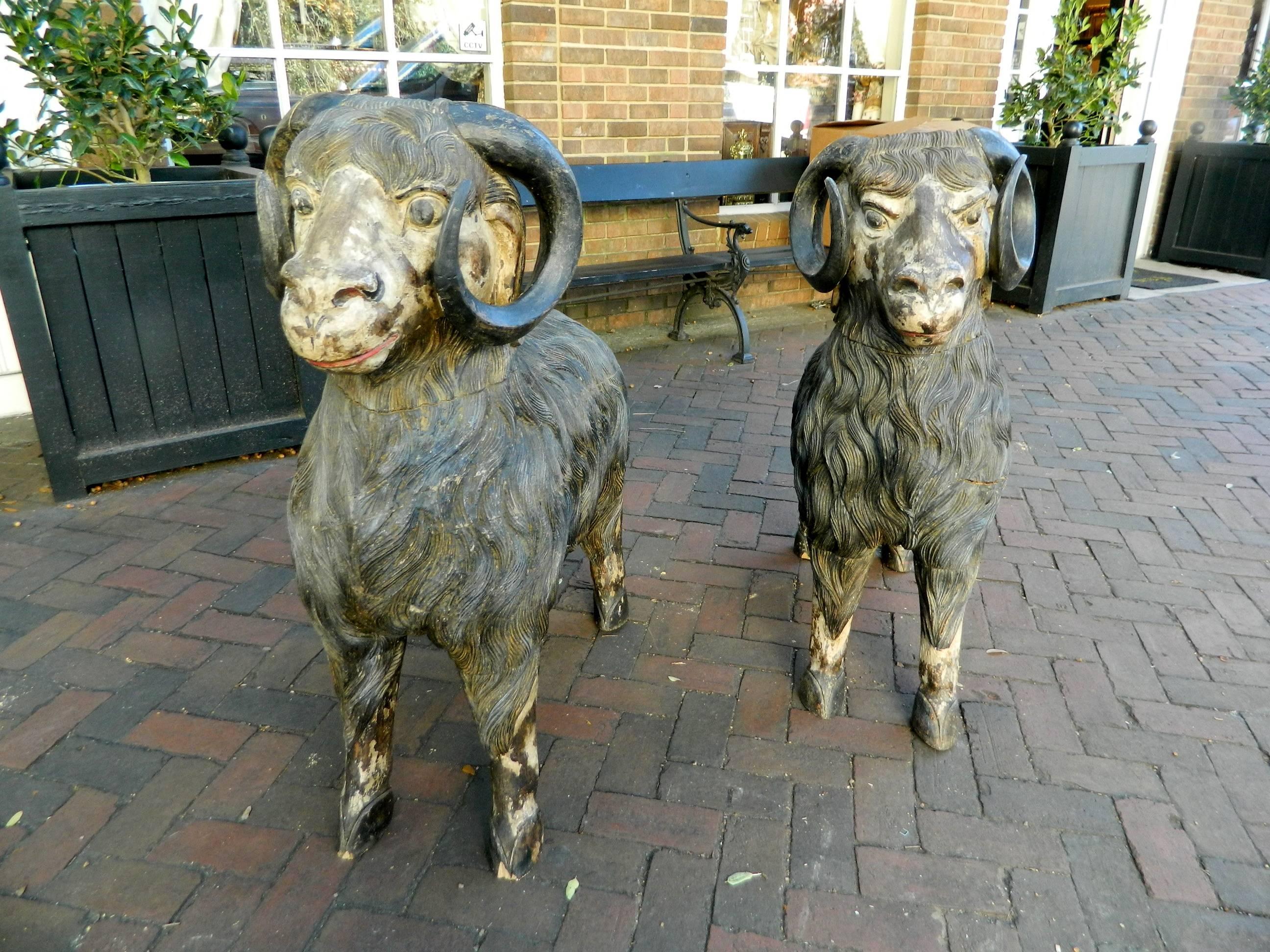 Monumental Size Pair of Balinese Carved Wood Rams, Early 20th Century 4