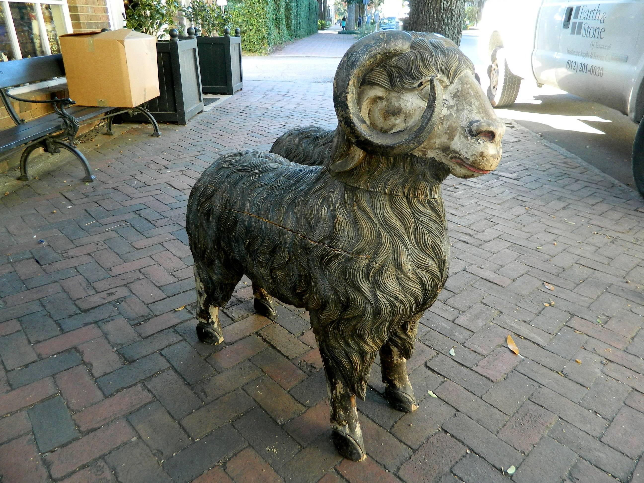 Monumental Size Pair of Balinese Carved Wood Rams, Early 20th Century 6