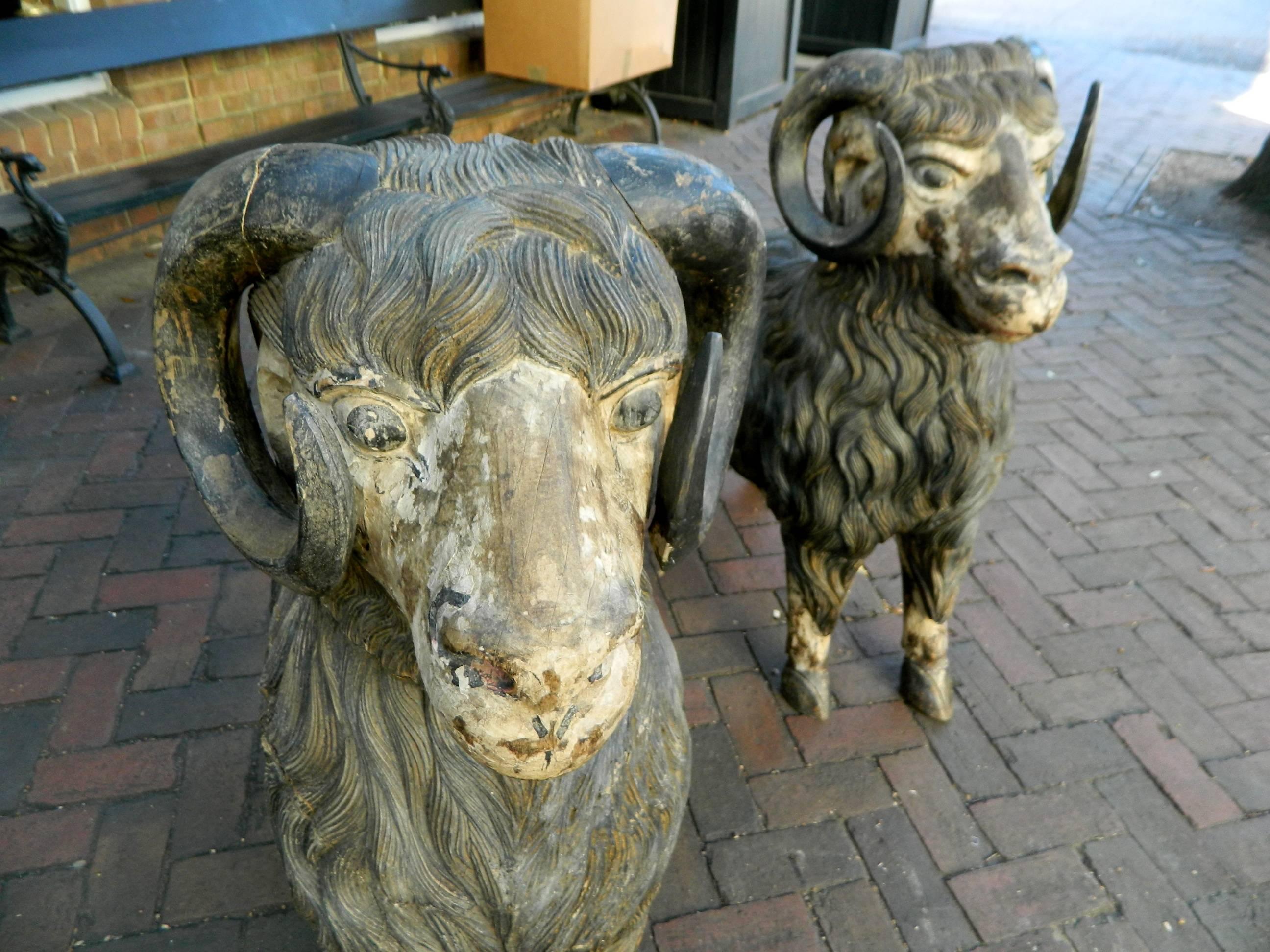 Monumental size pair of Balinese carved wood rams, early 20th century.