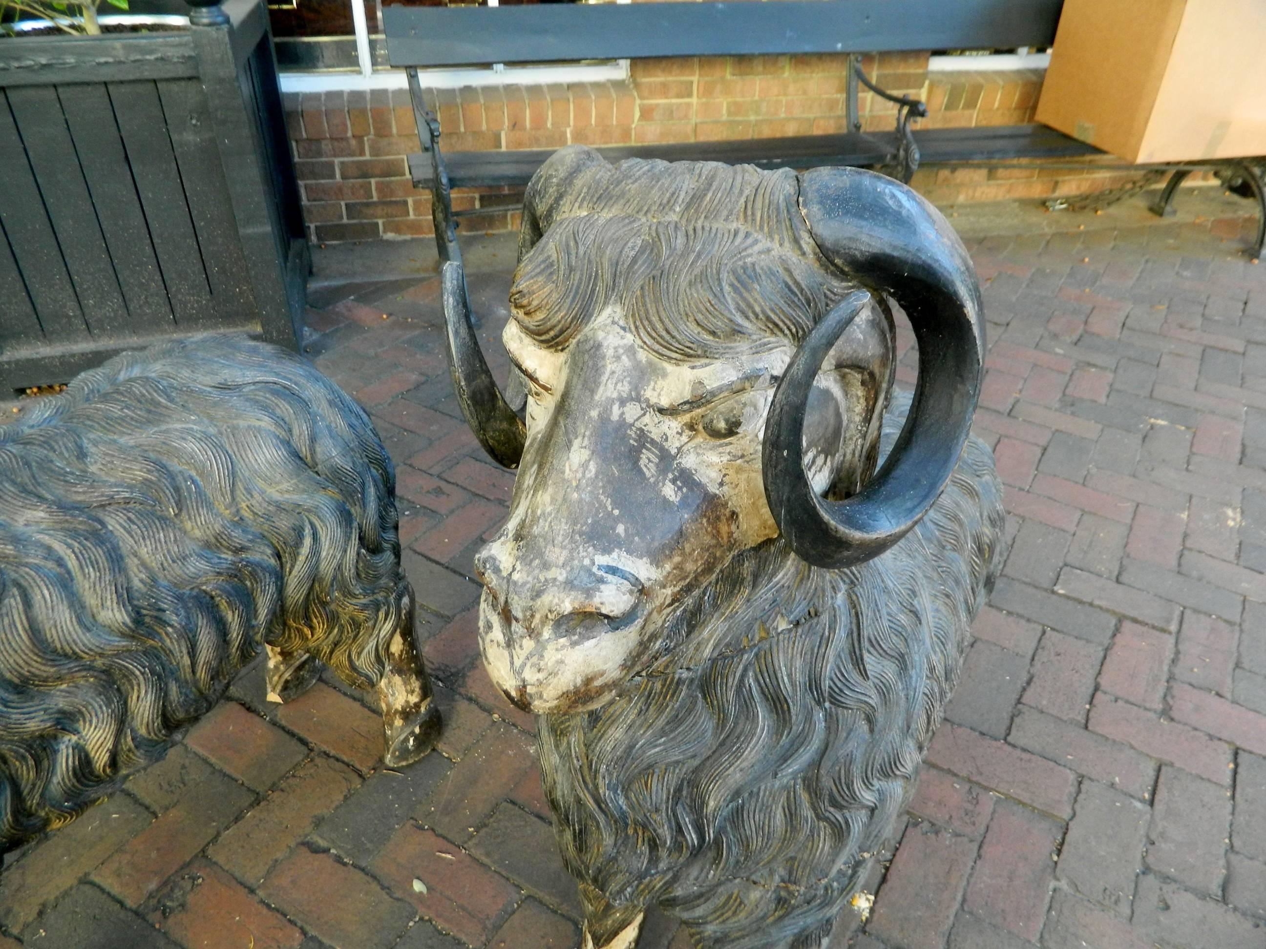 Monumental Size Pair of Balinese Carved Wood Rams, Early 20th Century 3