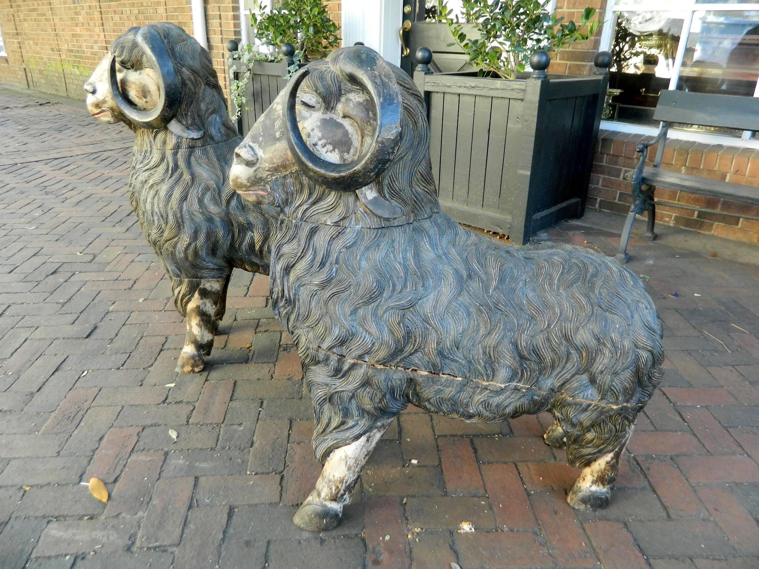Monumental Size Pair of Balinese Carved Wood Rams, Early 20th Century 5