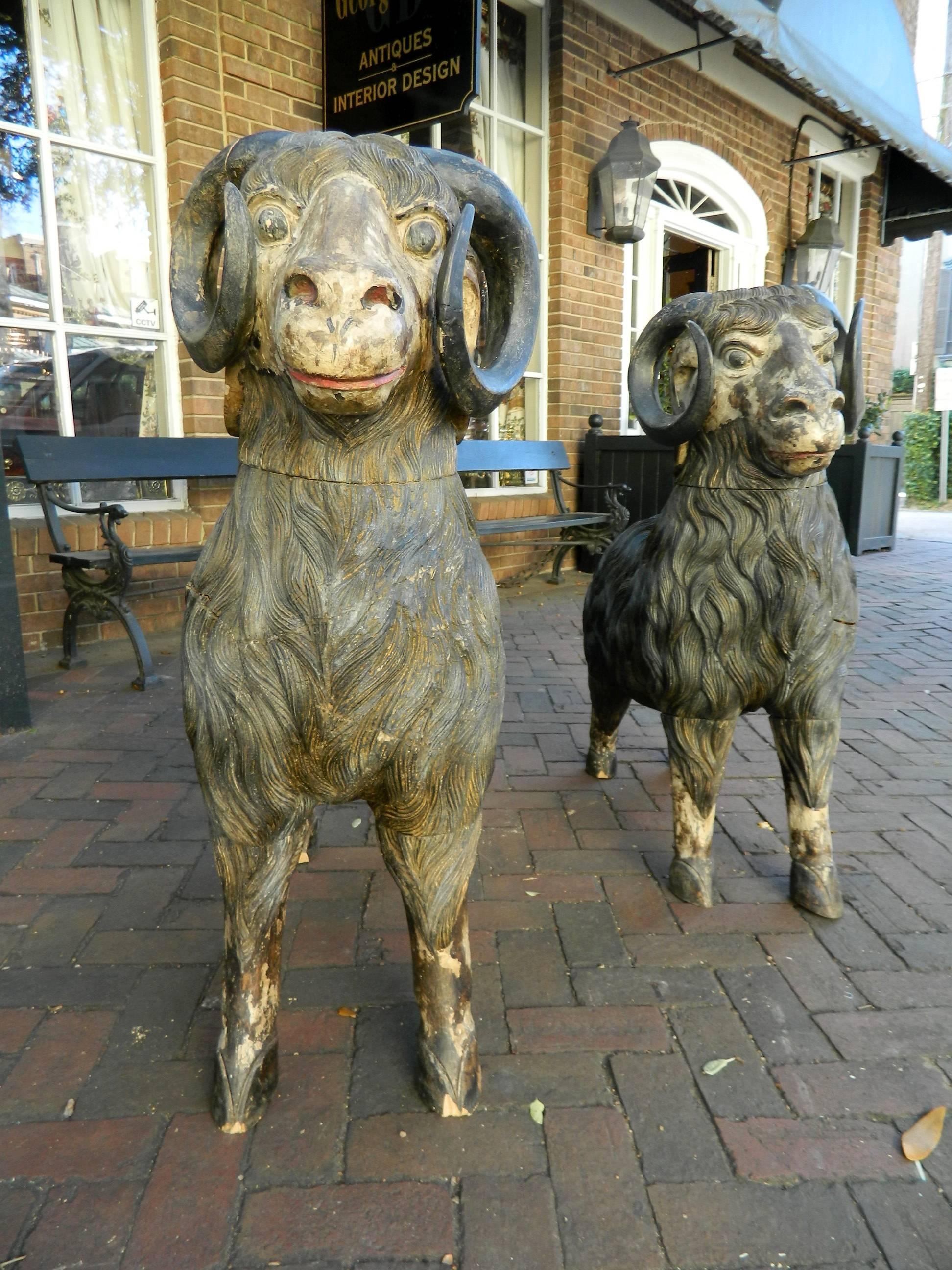 Monumental Size Pair of Balinese Carved Wood Rams, Early 20th Century 1