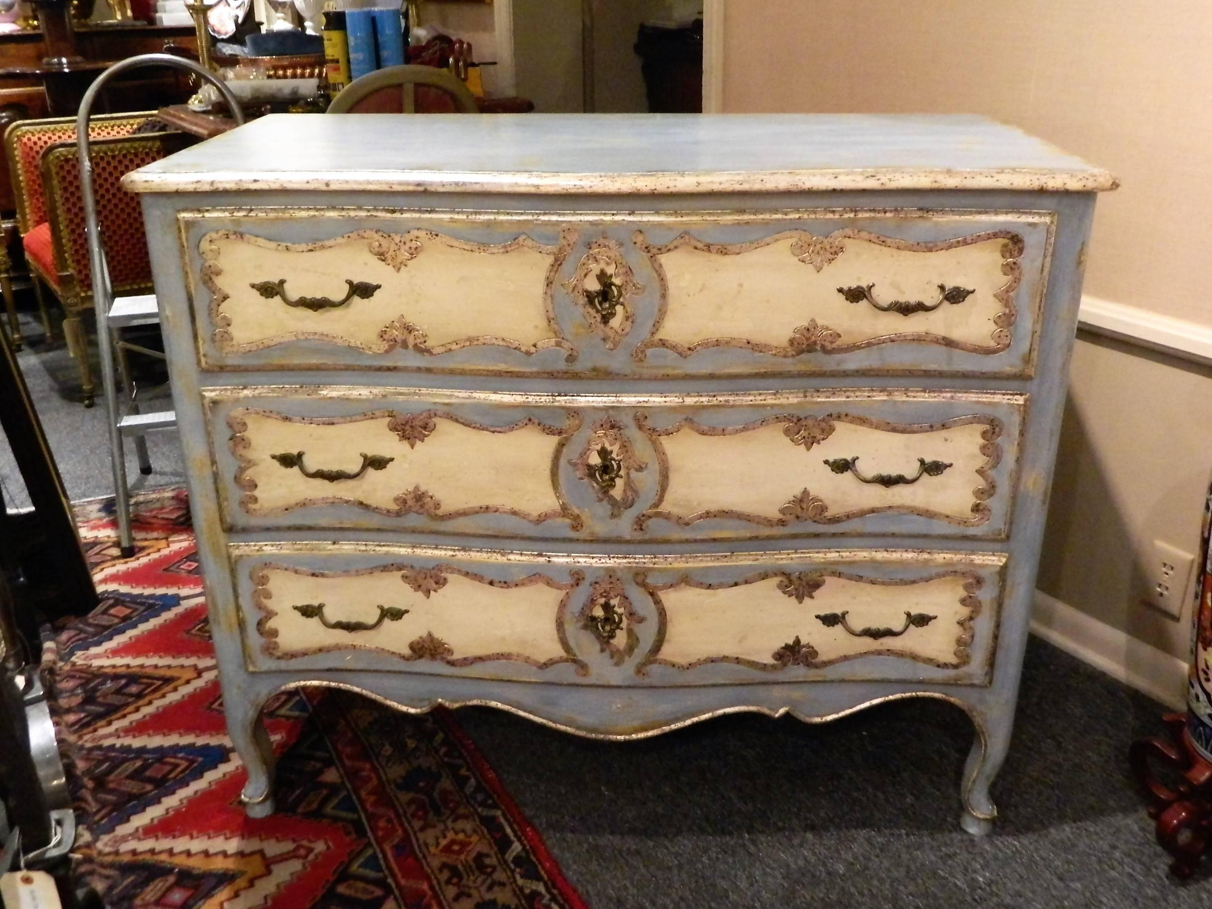 Wood Italian Painted and Silver Gilt Commode or Chest of Drawers, 19th-20th Century