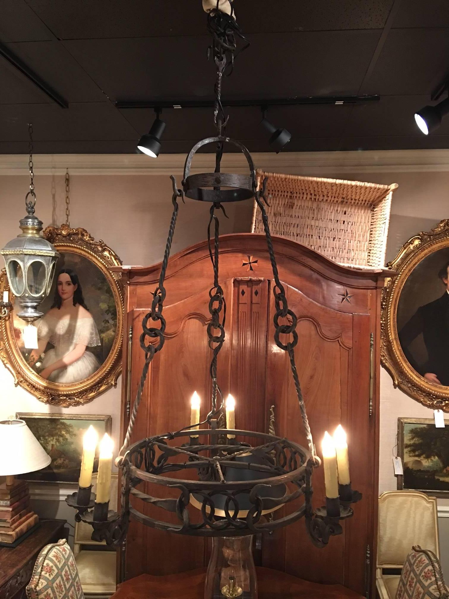 Italian wrought iron six-light chandelier, 19th century.