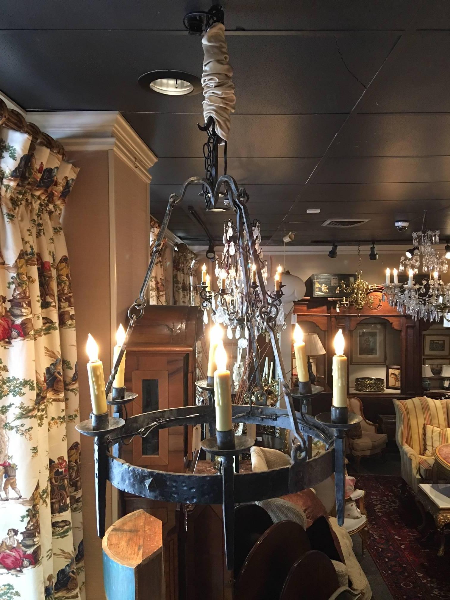 Italian antique forged iron six-light chandelier, 19th century.