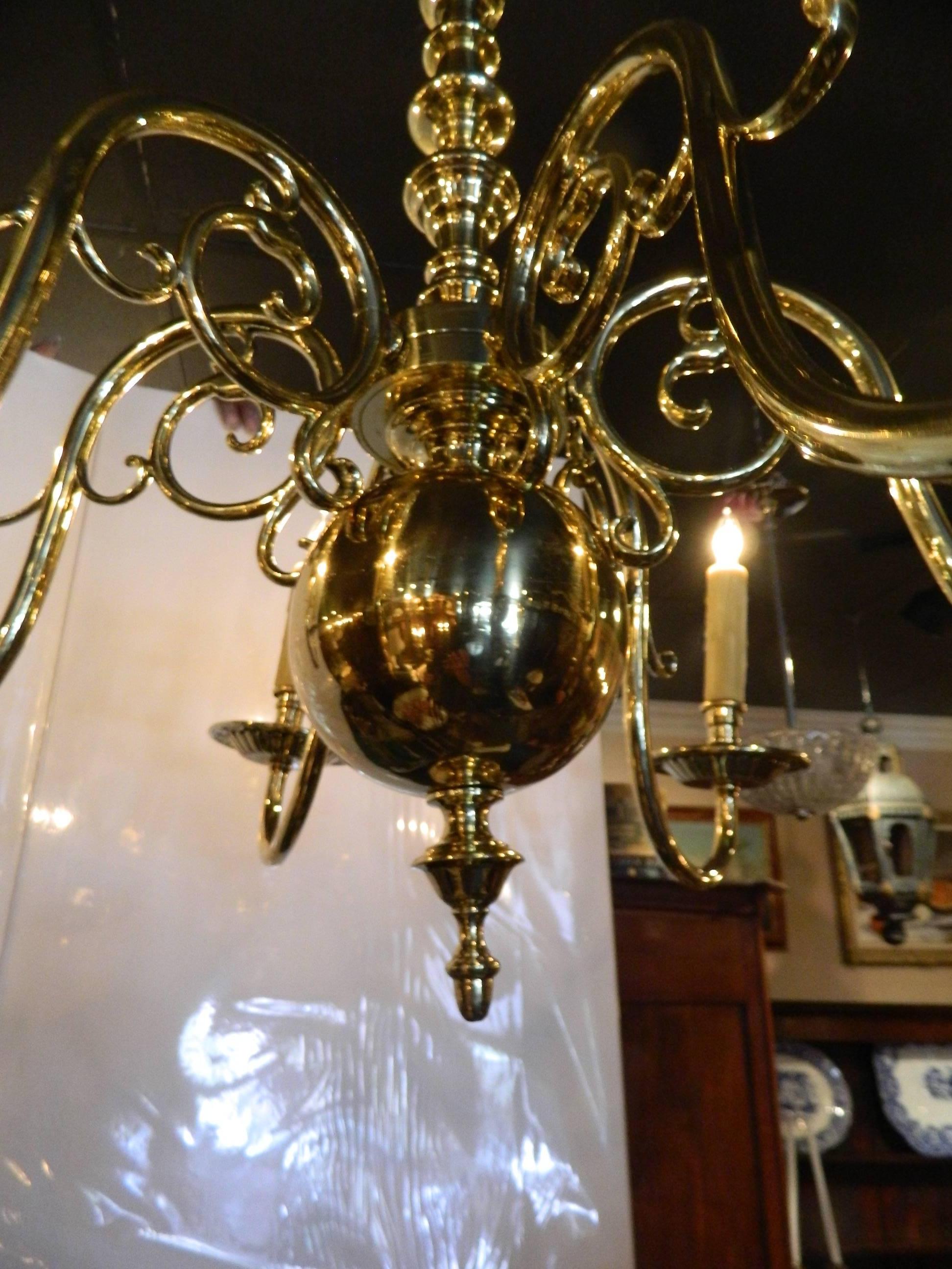 French Dutch Style Polished Brass Six-Light Chandelier, 19th Century