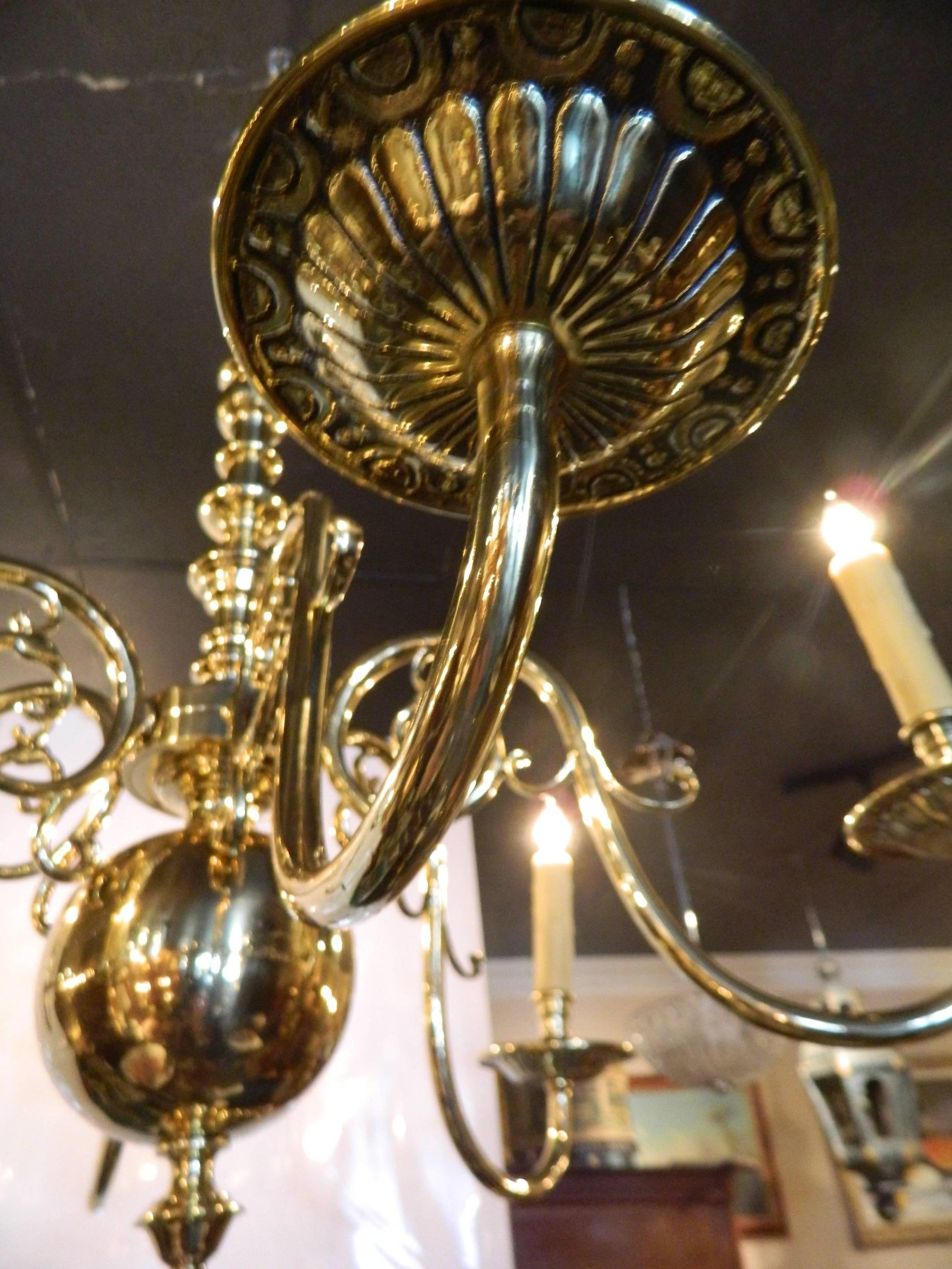 Dutch Style Polished Brass Six-Light Chandelier, 19th Century 1