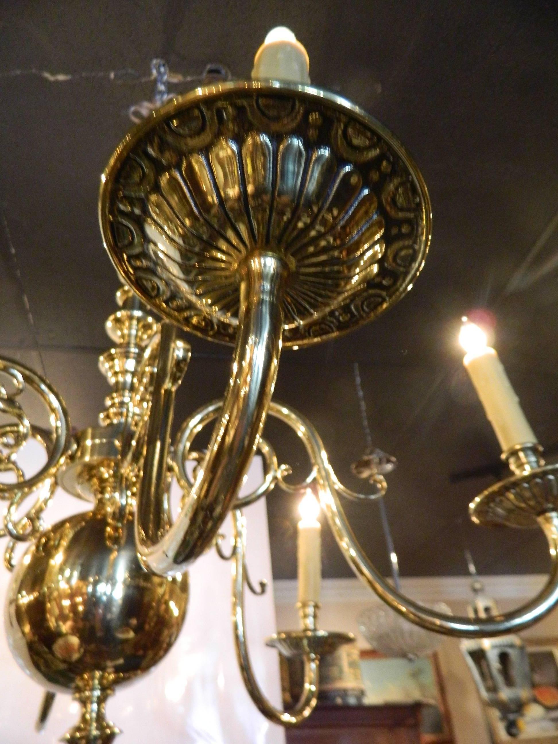 Dutch Style Polished Brass Six-Light Chandelier, 19th Century 3