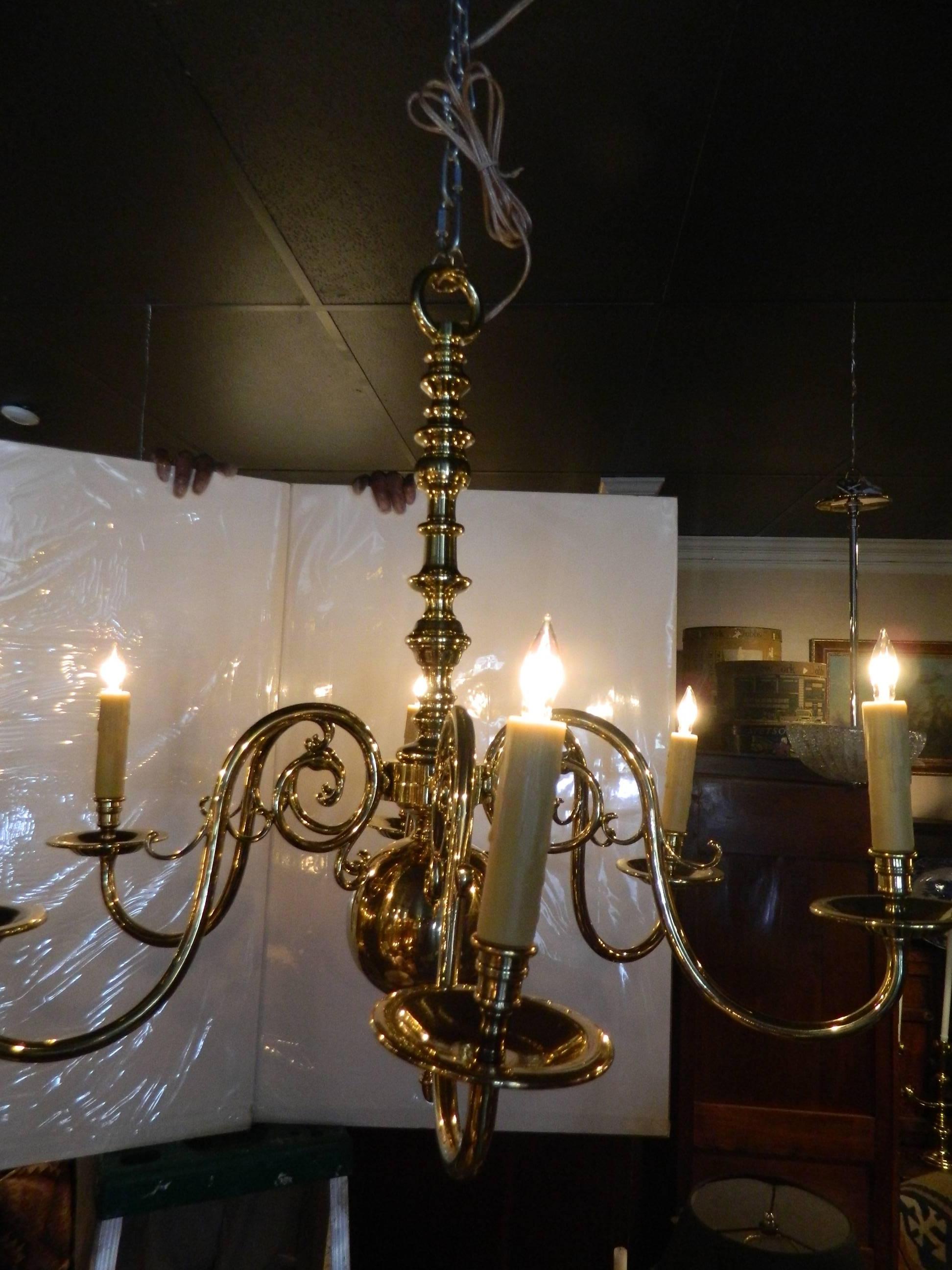 Dutch Style Polished Brass Six-Light Chandelier, 19th Century 2