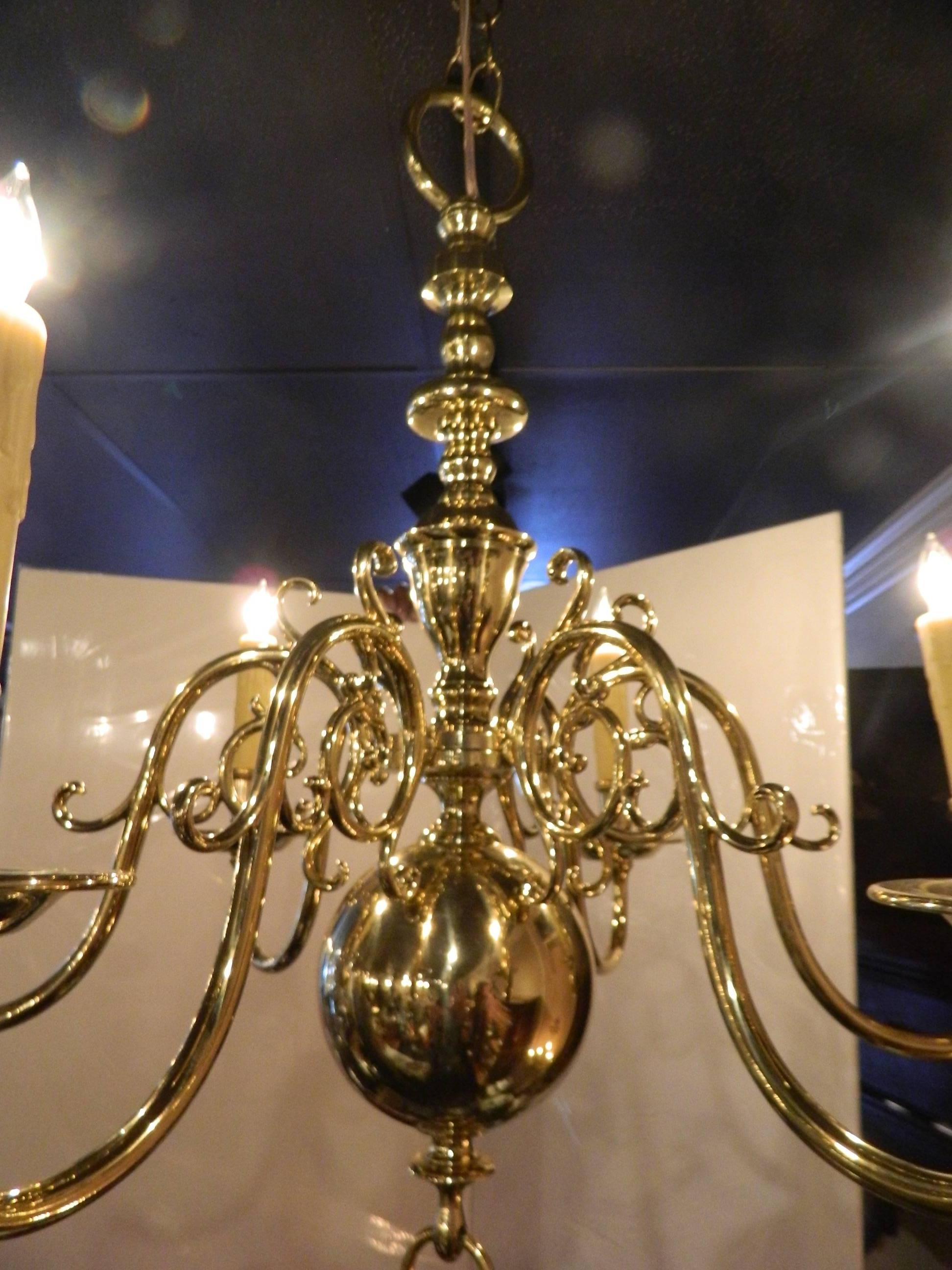 Dutch Style Polished Brass Six-Light Chandelier, 19th Century In Excellent Condition In Savannah, GA