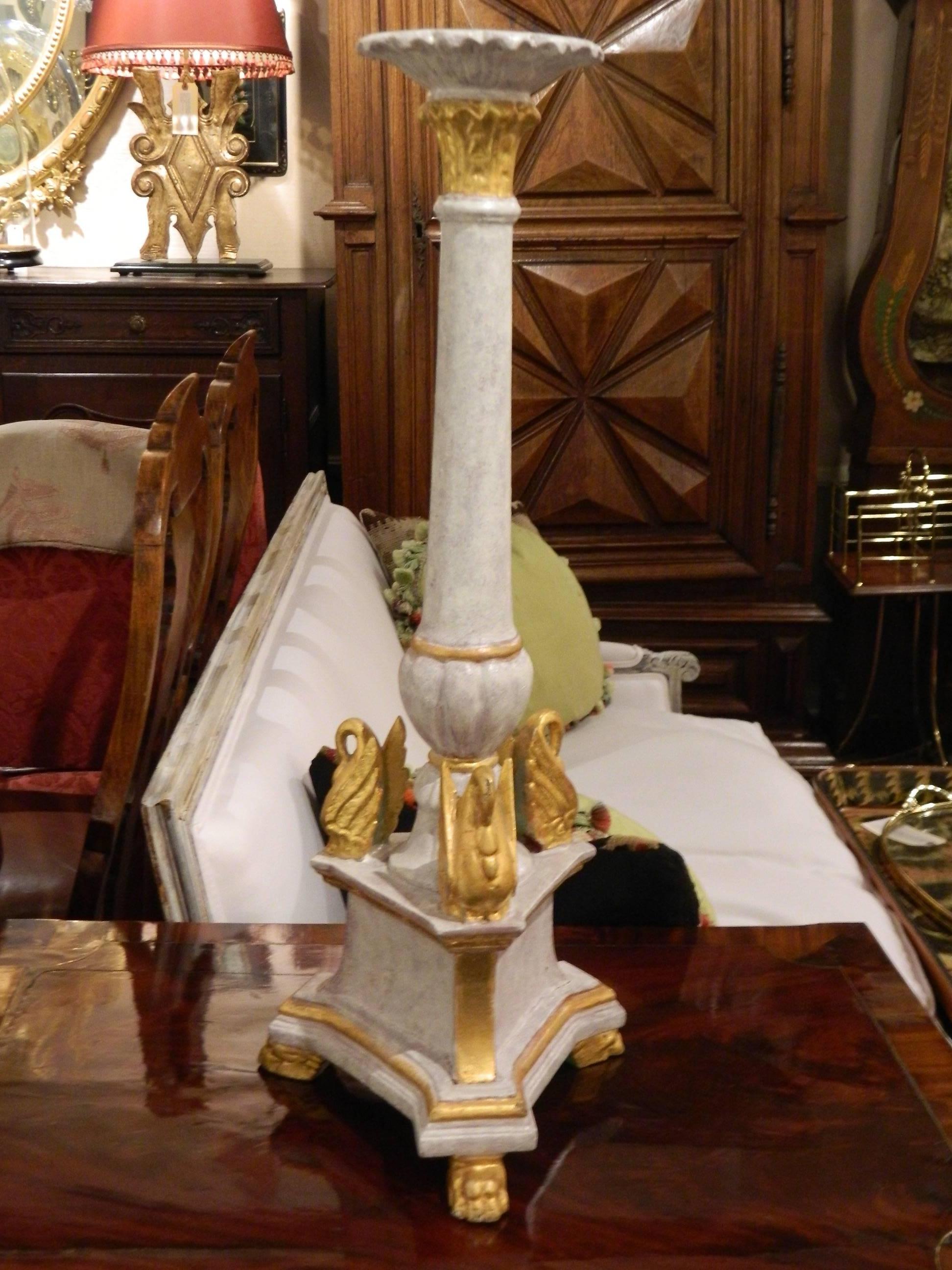 Early 20th century pair of Louis XV style Italian painted wood candlesticks or prickets with gilded swans.