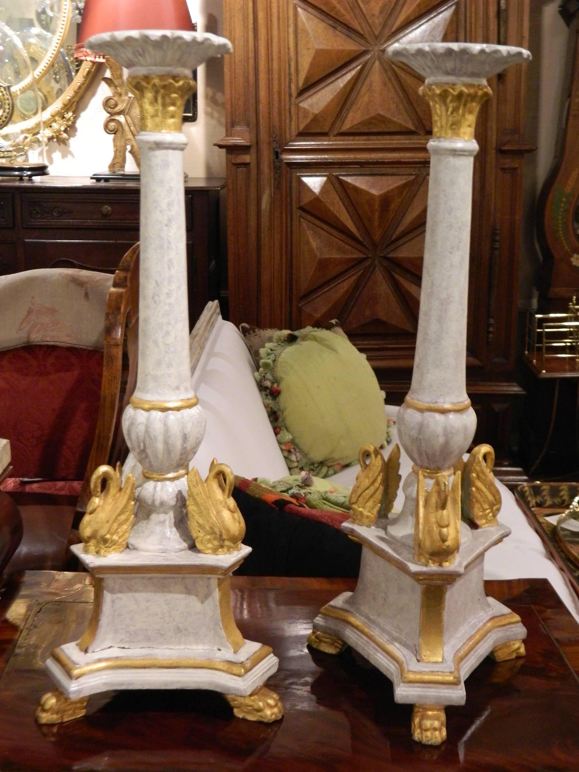 Pair of Italian Painted Wood Candlesticks with Gilded Swans, Early 20th Century 3