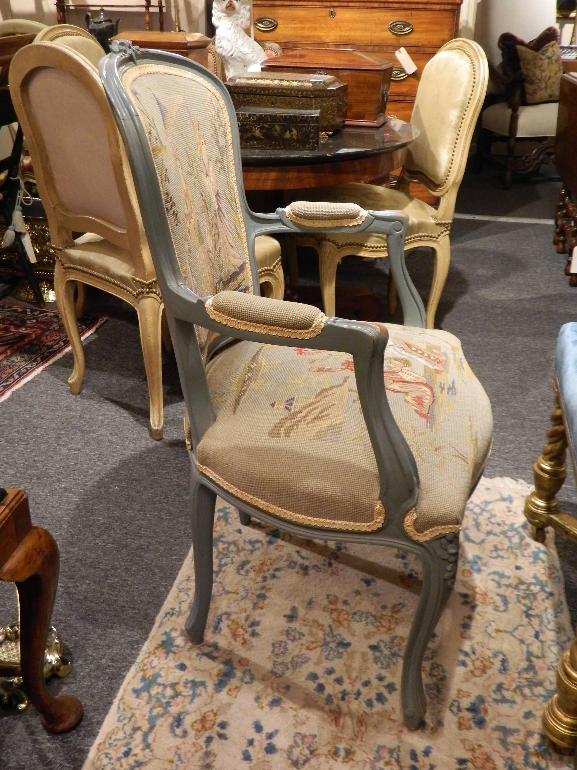French Pair of Louis XVI Style Painted Chairs with Needlepoint Tapestry, 20th Century