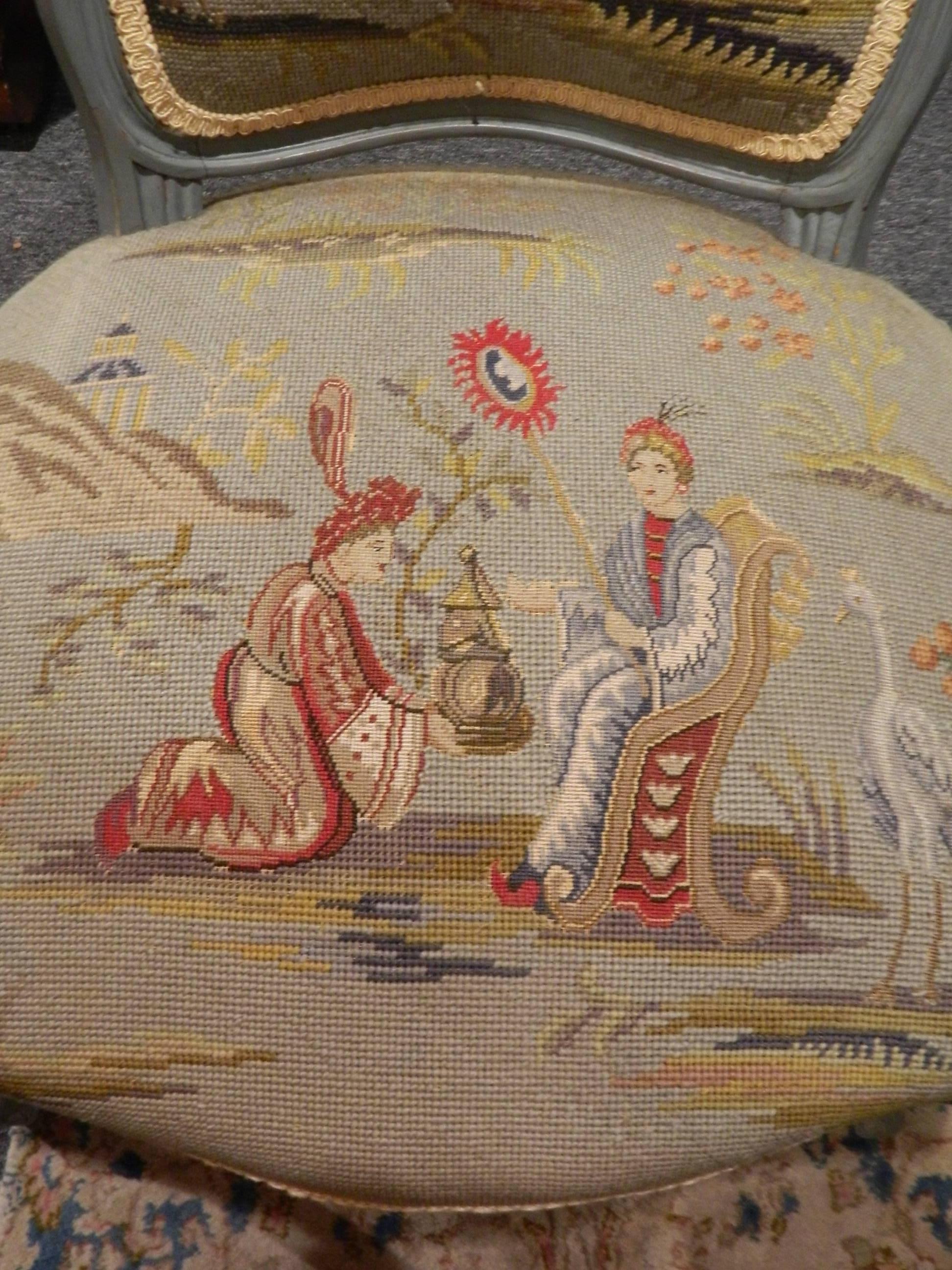 Pair of Louis XVI Style Painted Chairs with Needlepoint Tapestry, 20th Century In Good Condition In Savannah, GA